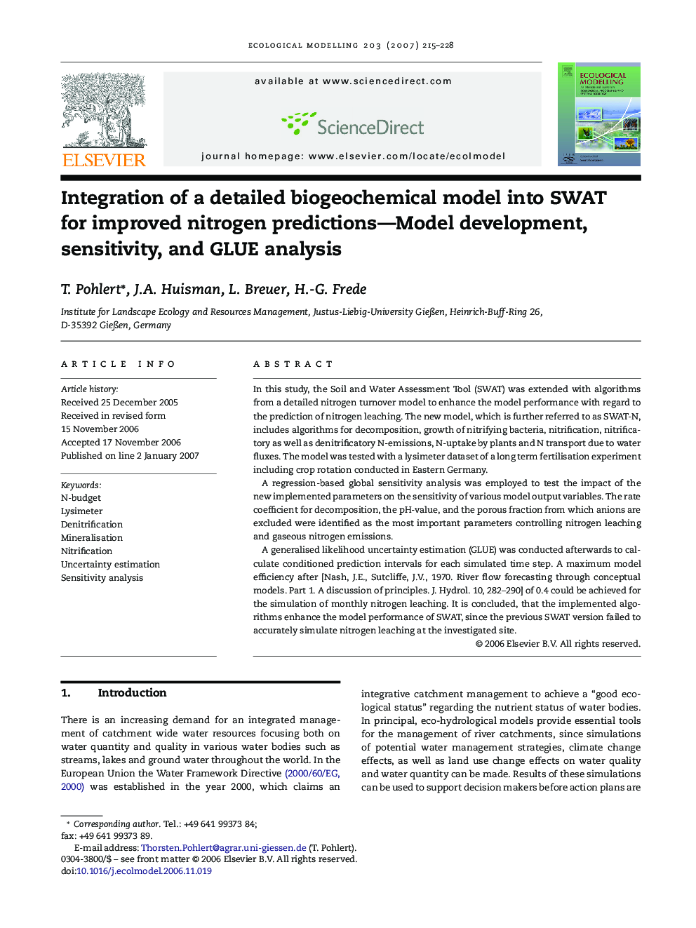 Integration of a detailed biogeochemical model into SWAT for improved nitrogen predictions—Model development, sensitivity, and GLUE analysis