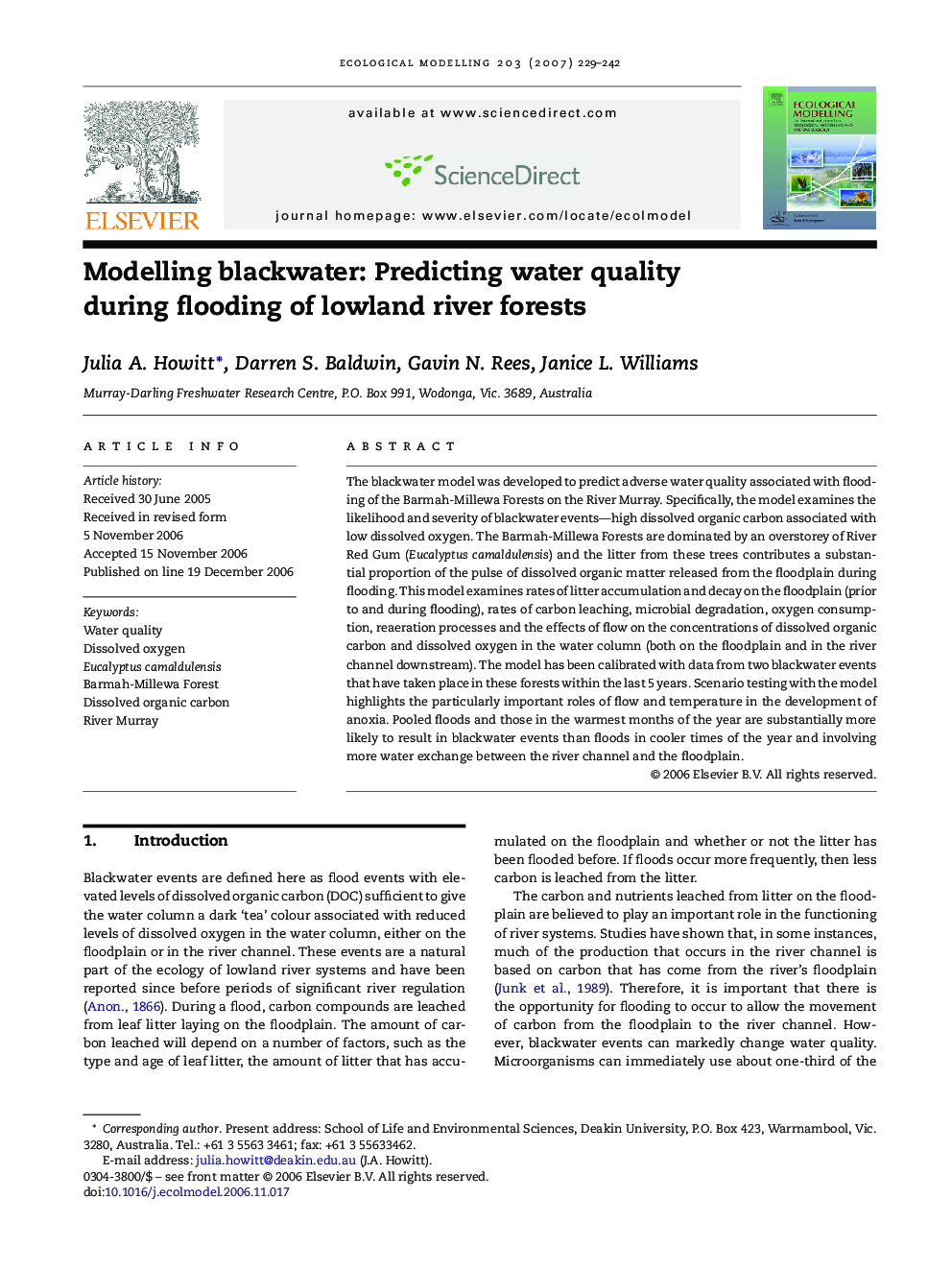 Modelling blackwater: Predicting water quality during flooding of lowland river forests