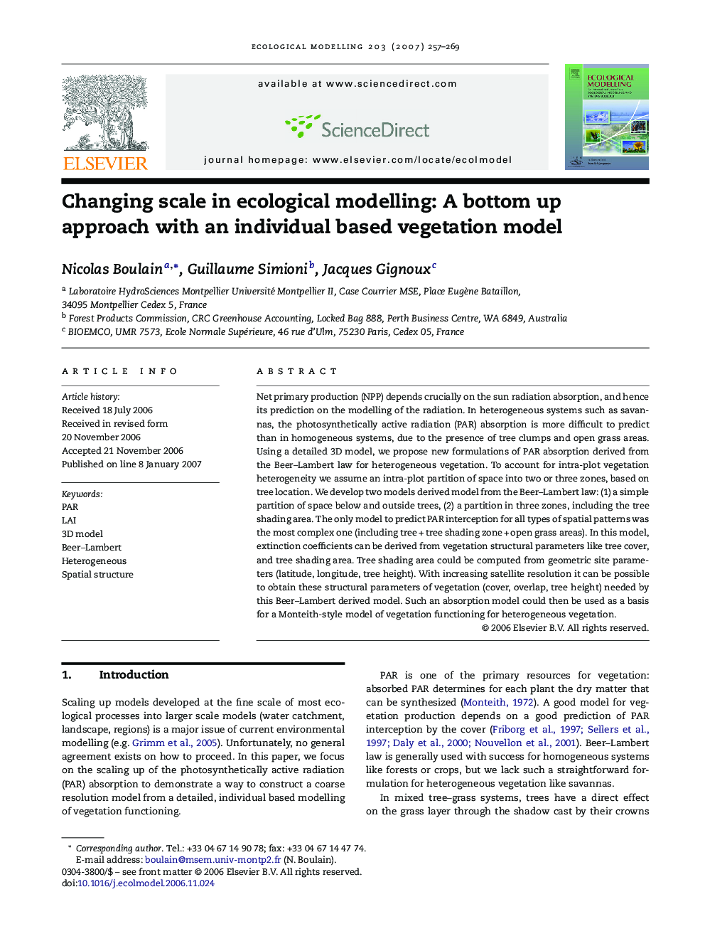 Changing scale in ecological modelling: A bottom up approach with an individual based vegetation model