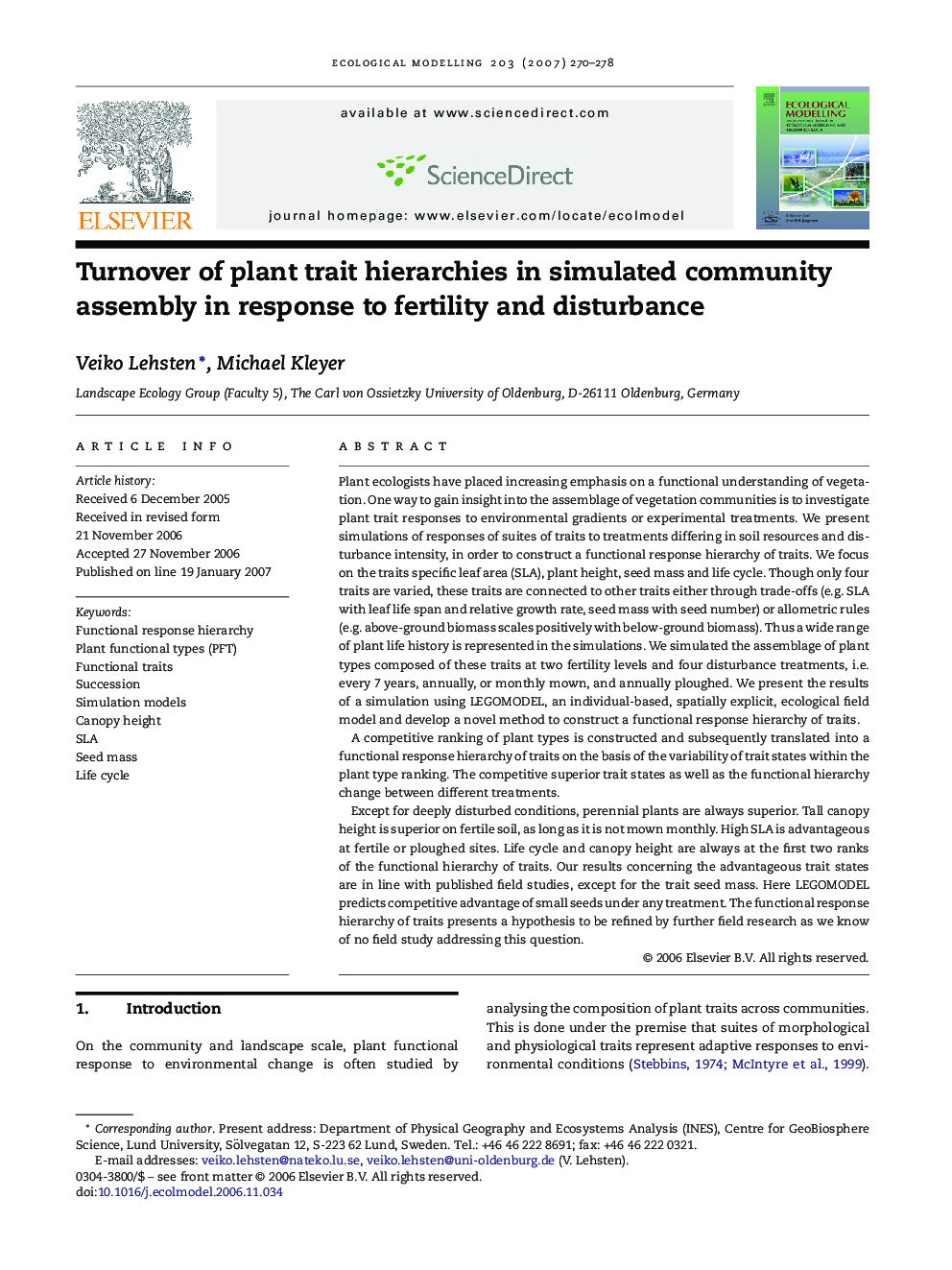 Turnover of plant trait hierarchies in simulated community assembly in response to fertility and disturbance