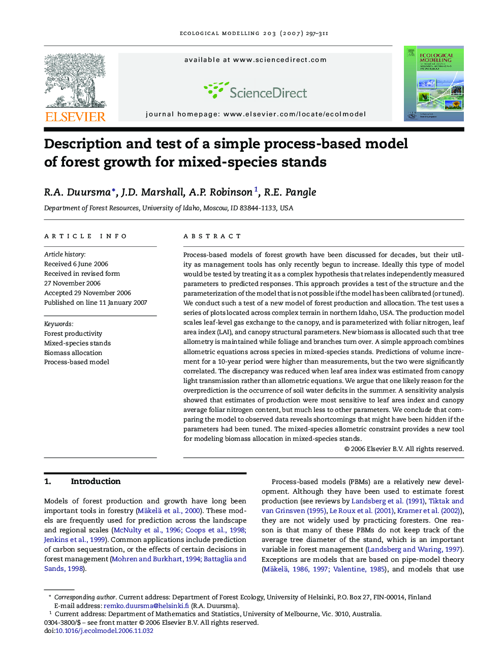 Description and test of a simple process-based model of forest growth for mixed-species stands