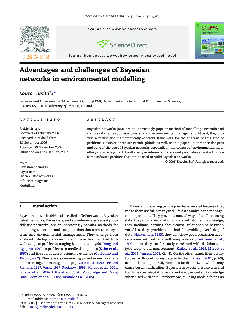 Advantages and challenges of Bayesian networks in environmental modelling