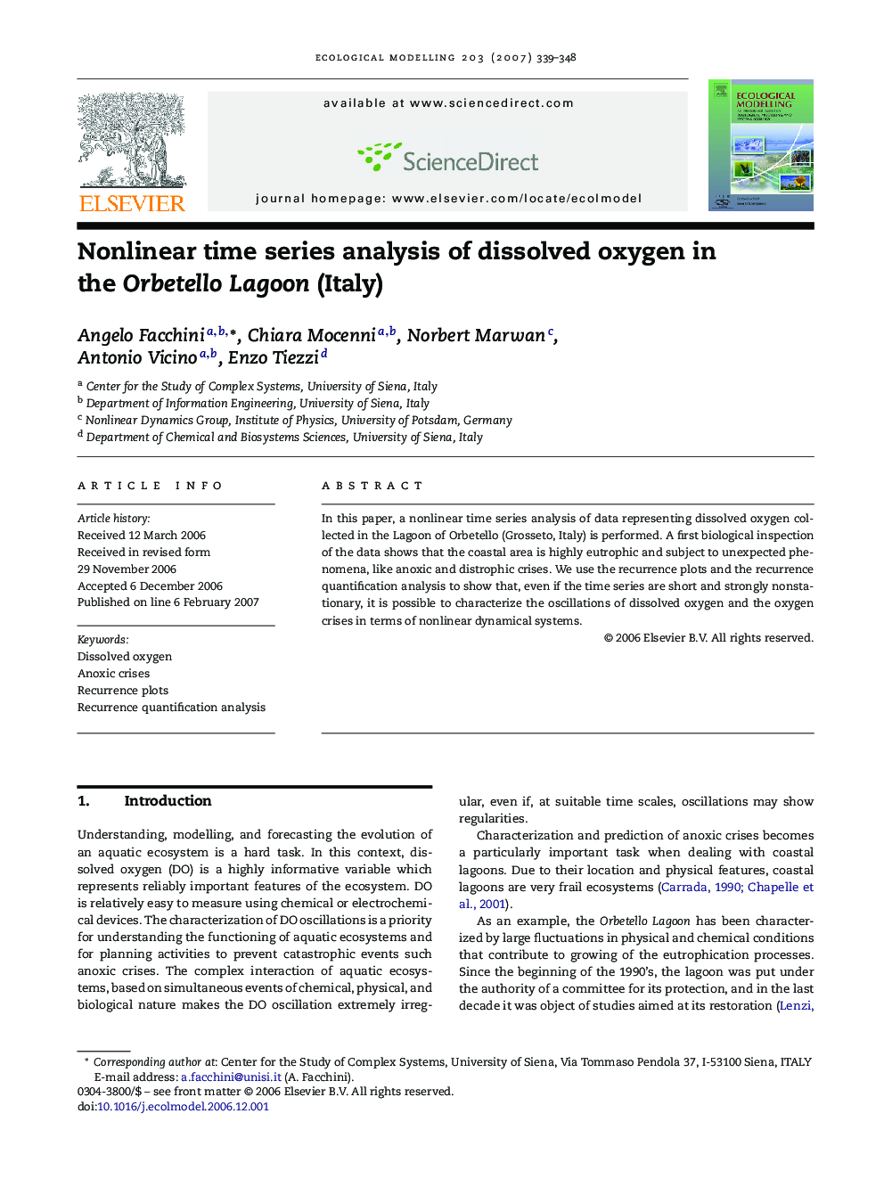 Nonlinear time series analysis of dissolved oxygen in the Orbetello Lagoon (Italy)