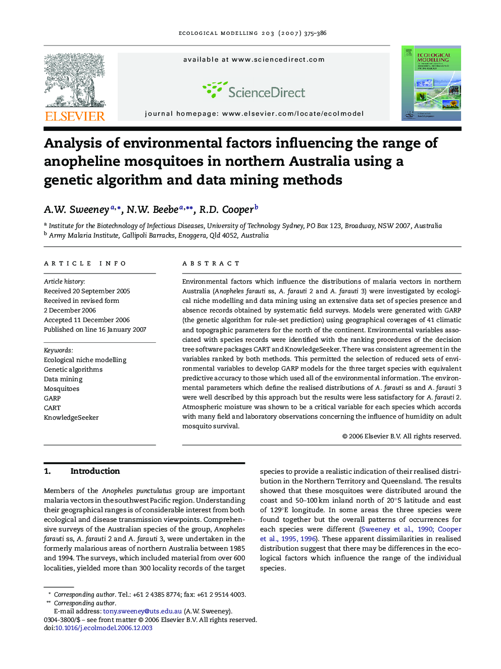 Analysis of environmental factors influencing the range of anopheline mosquitoes in northern Australia using a genetic algorithm and data mining methods