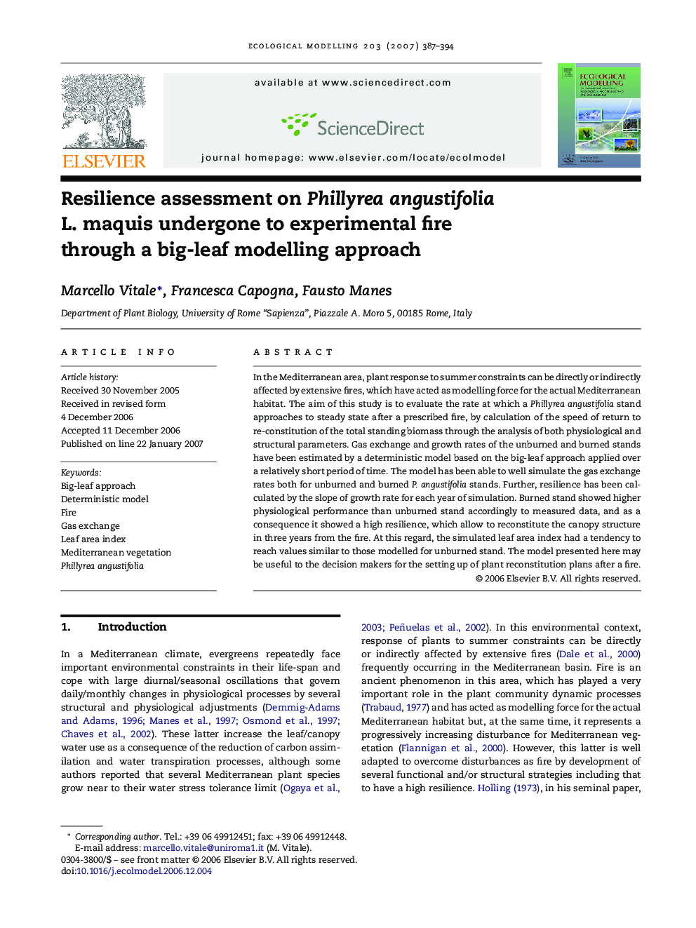 Resilience assessment on Phillyrea angustifolia L. maquis undergone to experimental fire through a big-leaf modelling approach