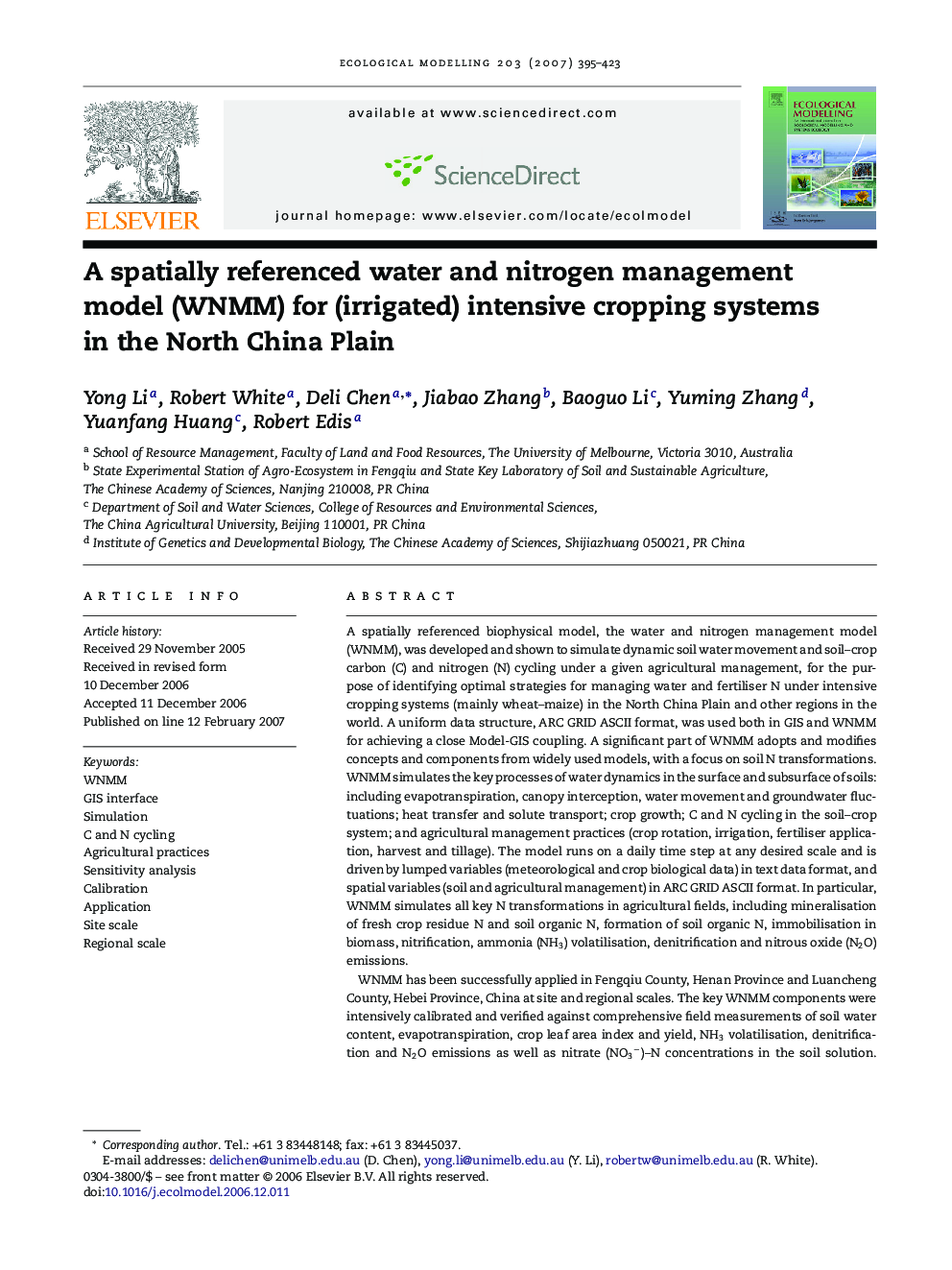 A spatially referenced water and nitrogen management model (WNMM) for (irrigated) intensive cropping systems in the North China Plain