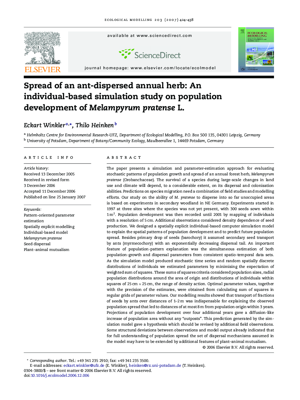 Spread of an ant-dispersed annual herb: An individual-based simulation study on population development of Melampyrum pratense L.