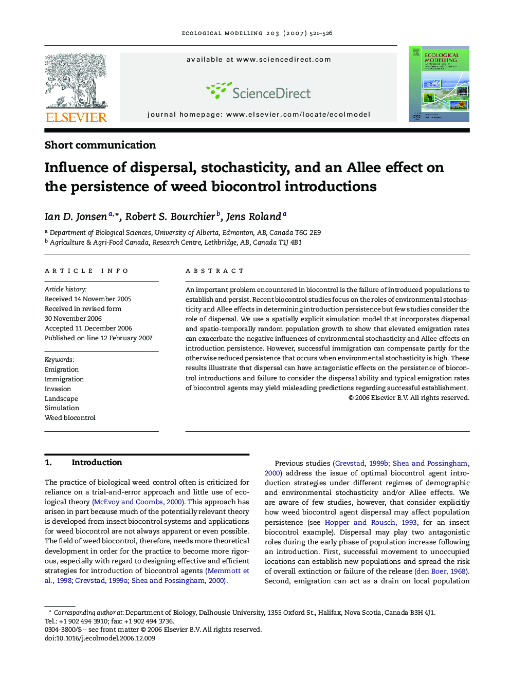 Influence of dispersal, stochasticity, and an Allee effect on the persistence of weed biocontrol introductions