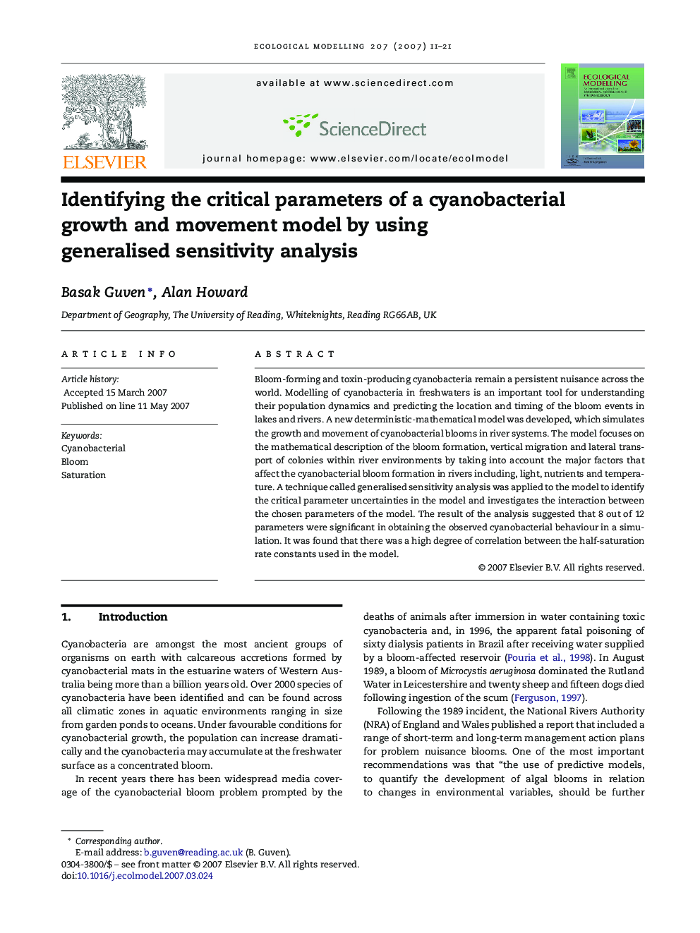 Identifying the critical parameters of a cyanobacterial growth and movement model by using generalised sensitivity analysis