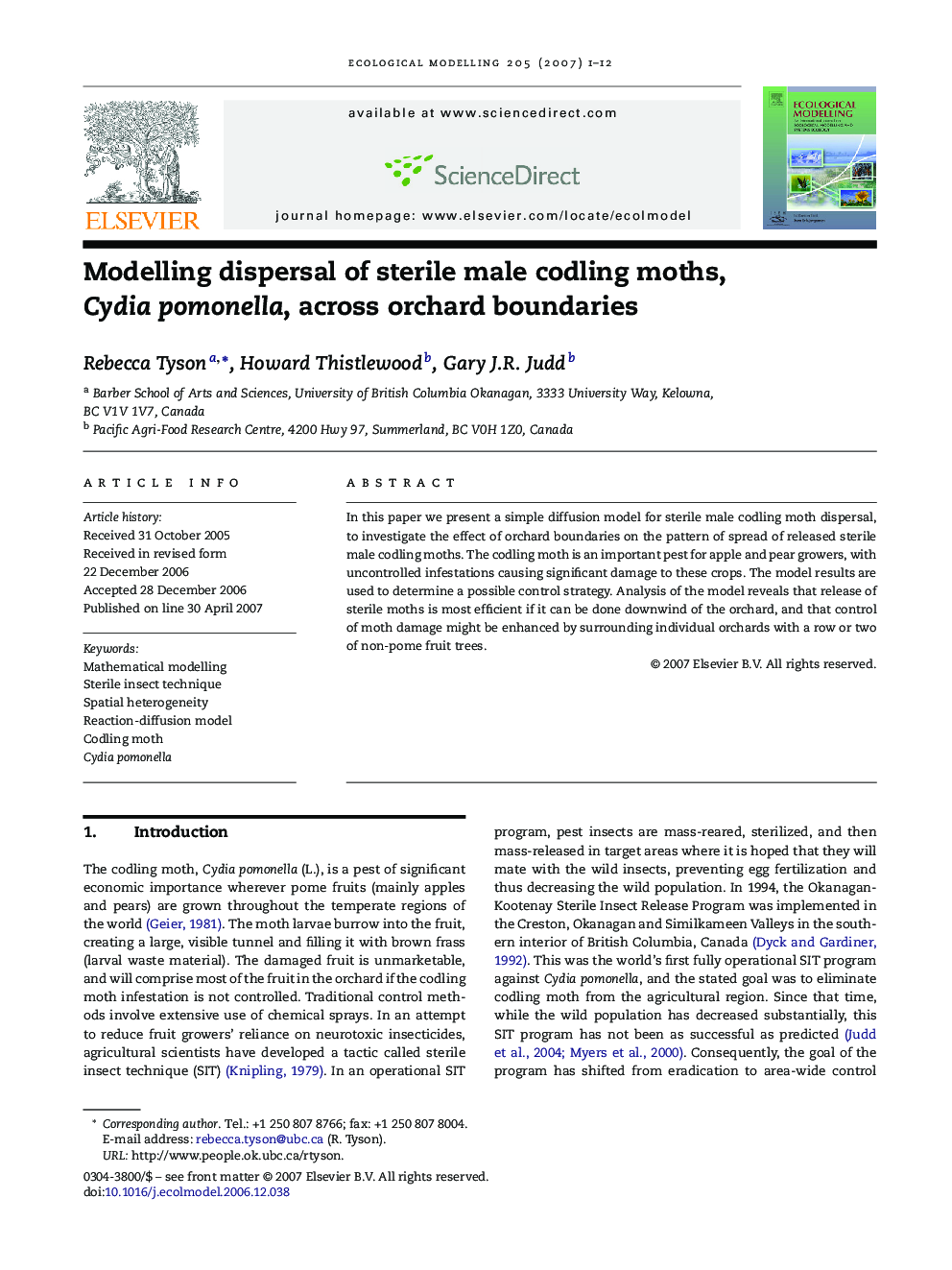 Modelling dispersal of sterile male codling moths, Cydia pomonella, across orchard boundaries