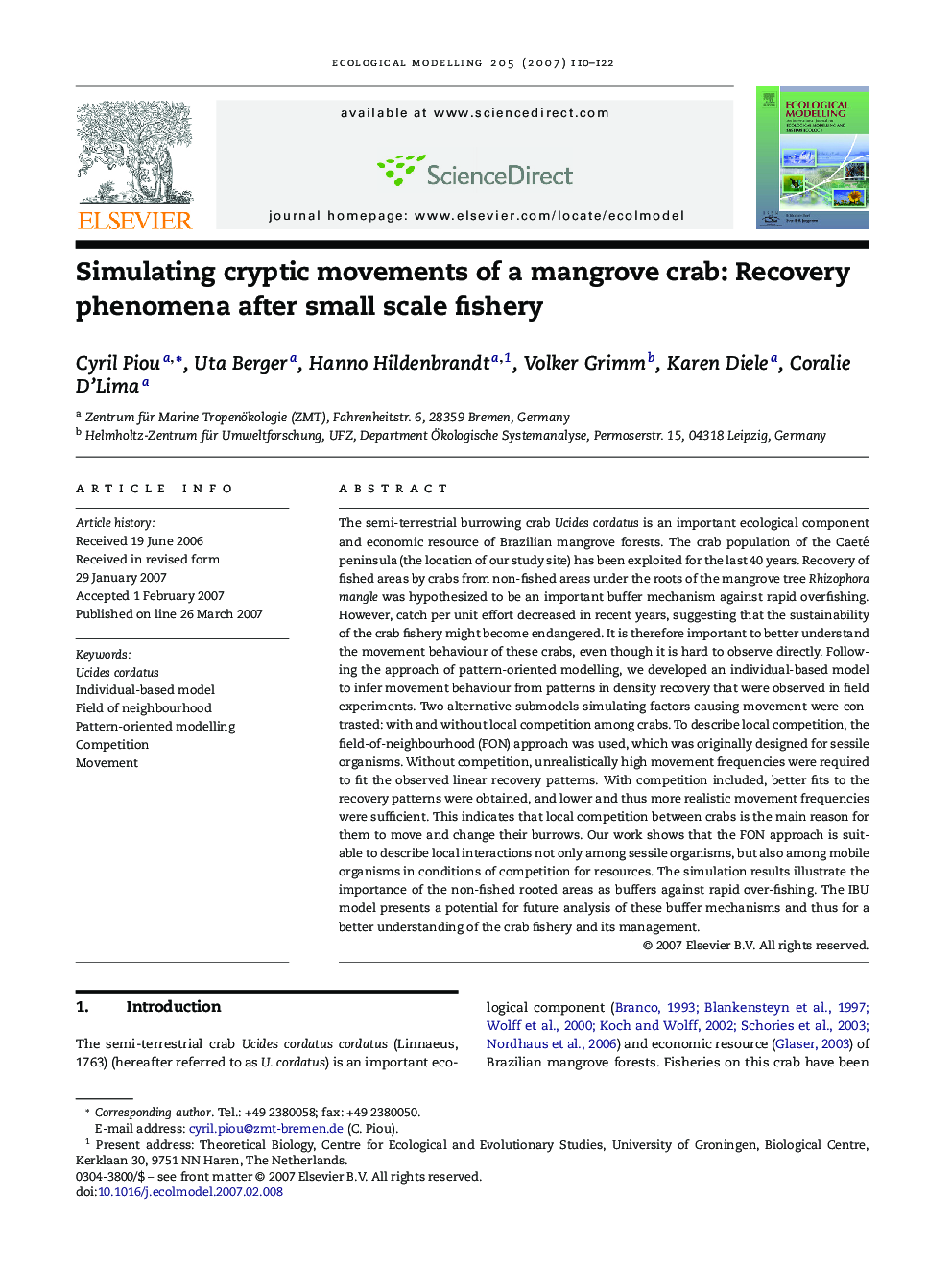 Simulating cryptic movements of a mangrove crab: Recovery phenomena after small scale fishery