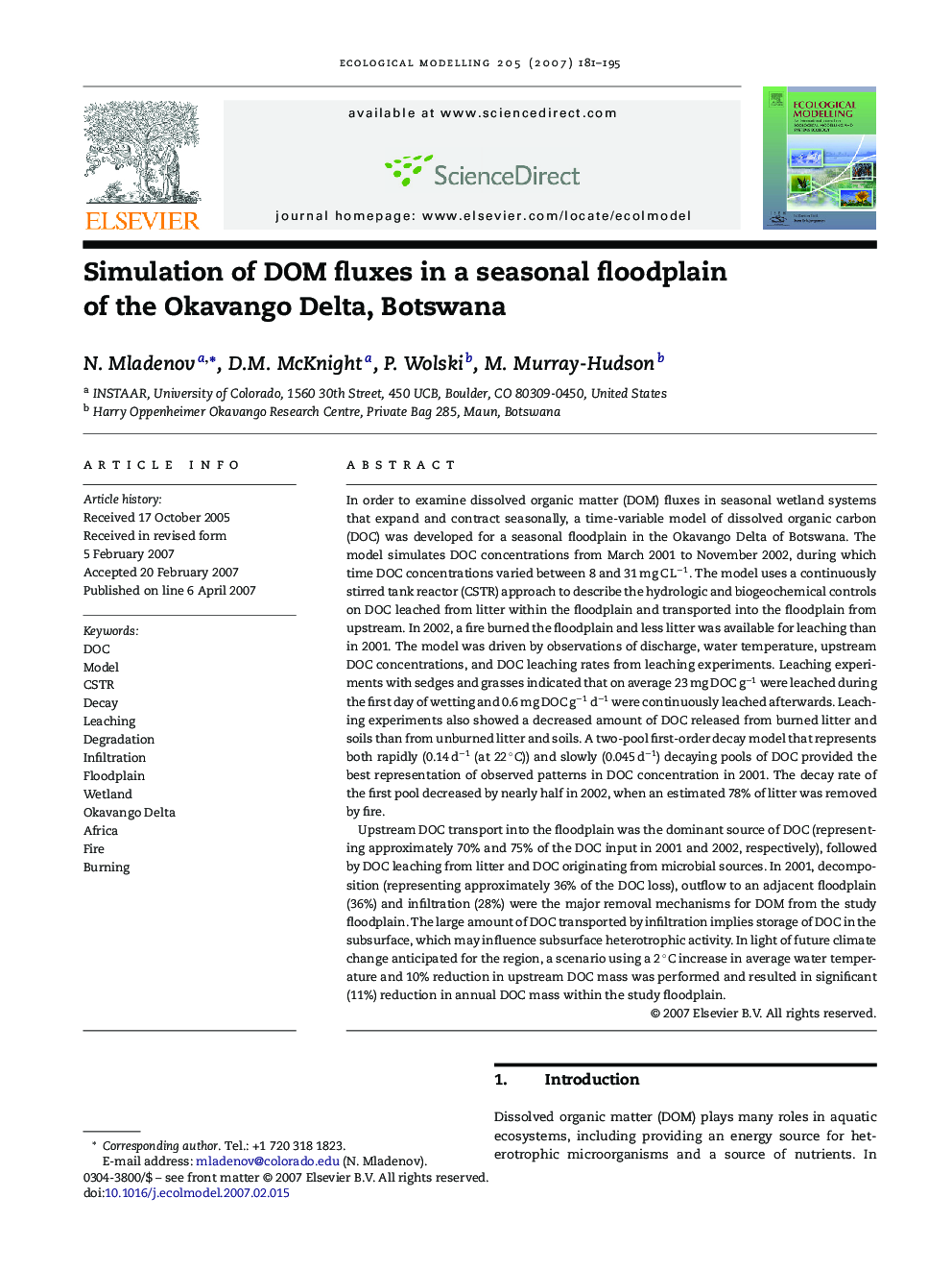 Simulation of DOM fluxes in a seasonal floodplain of the Okavango Delta, Botswana