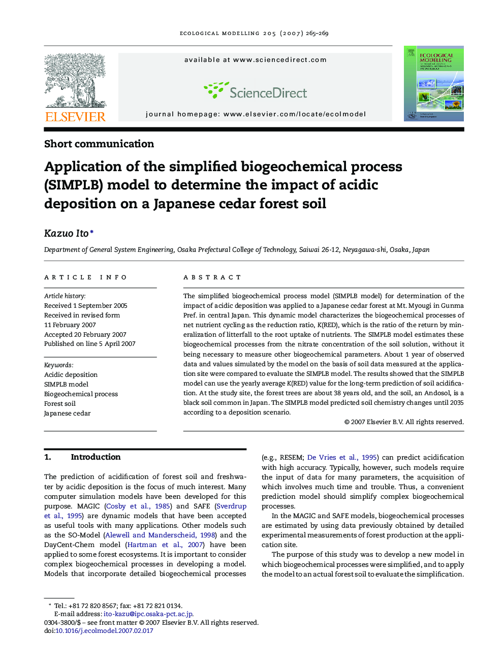 Application of the simplified biogeochemical process (SIMPLB) model to determine the impact of acidic deposition on a Japanese cedar forest soil