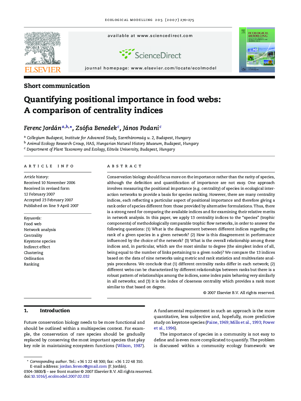 Quantifying positional importance in food webs: A comparison of centrality indices