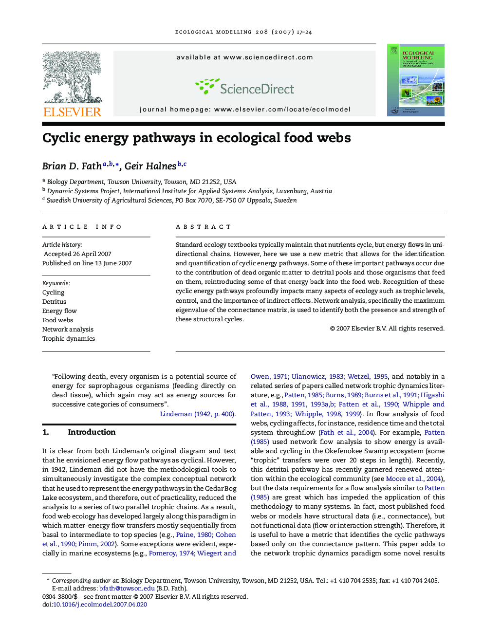 Cyclic energy pathways in ecological food webs