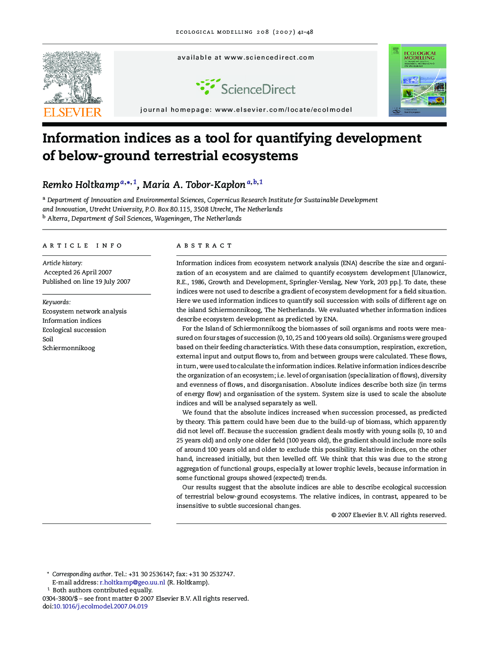 Information indices as a tool for quantifying development of below-ground terrestrial ecosystems