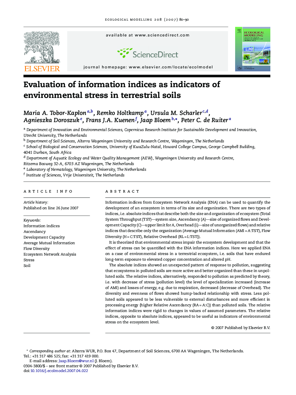 Evaluation of information indices as indicators of environmental stress in terrestrial soils