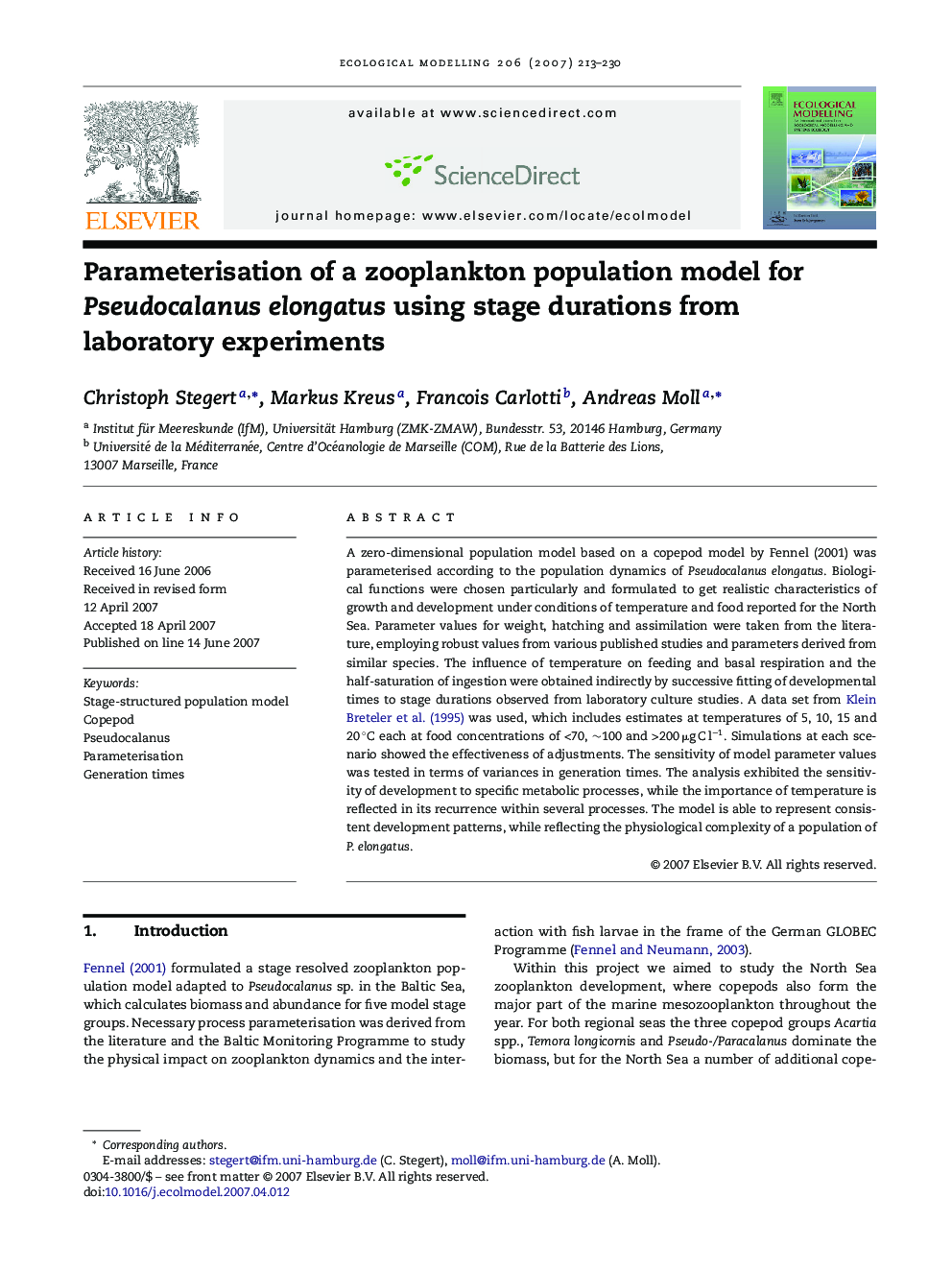 Parameterisation of a zooplankton population model for Pseudocalanus elongatus using stage durations from laboratory experiments