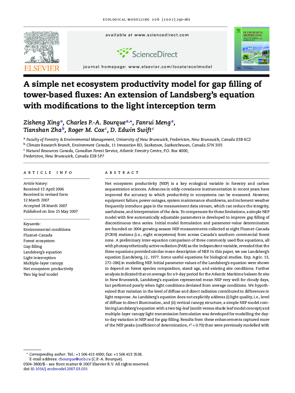 A simple net ecosystem productivity model for gap filling of tower-based fluxes: An extension of Landsberg's equation with modifications to the light interception term