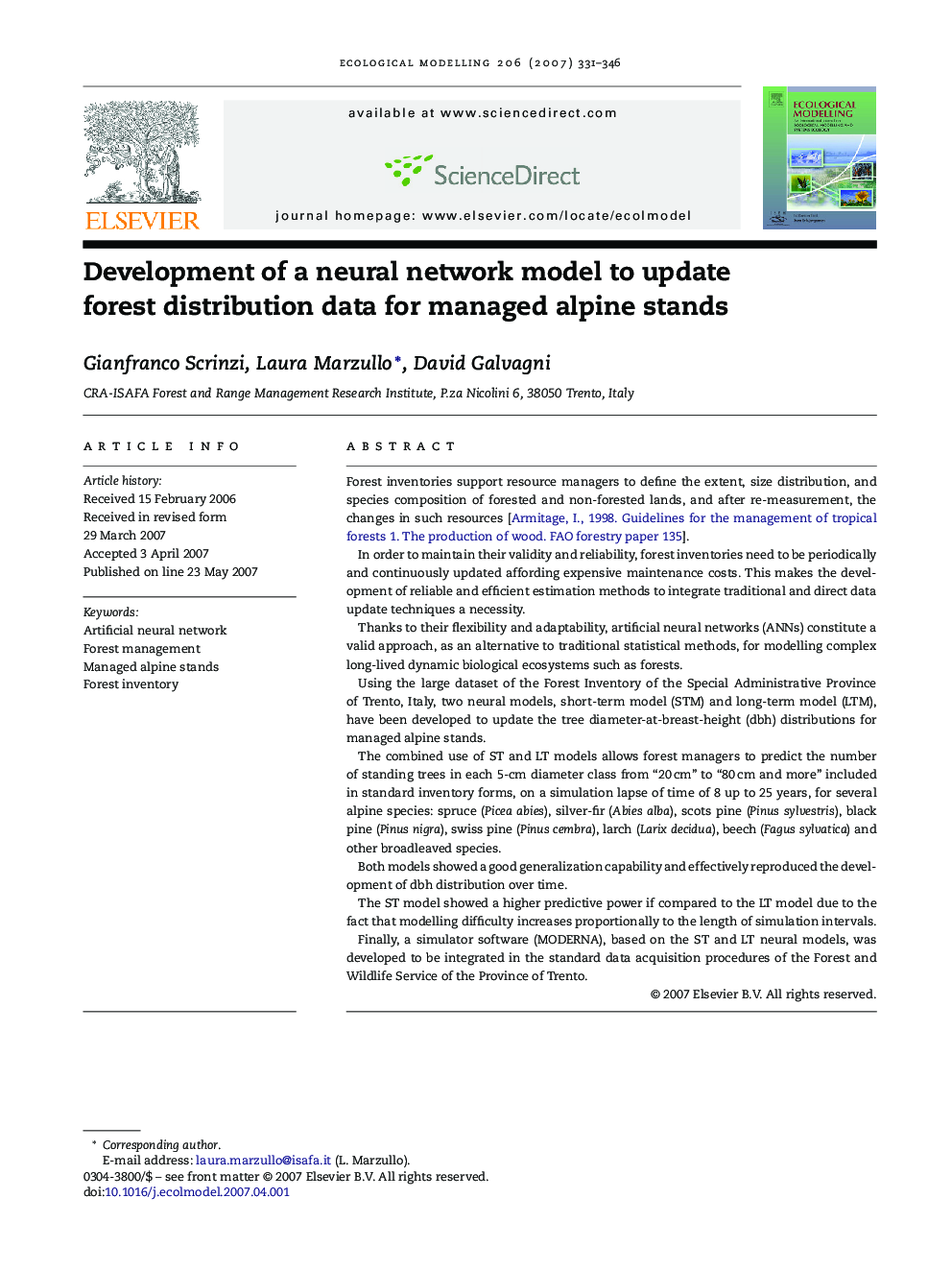 Development of a neural network model to update forest distribution data for managed alpine stands