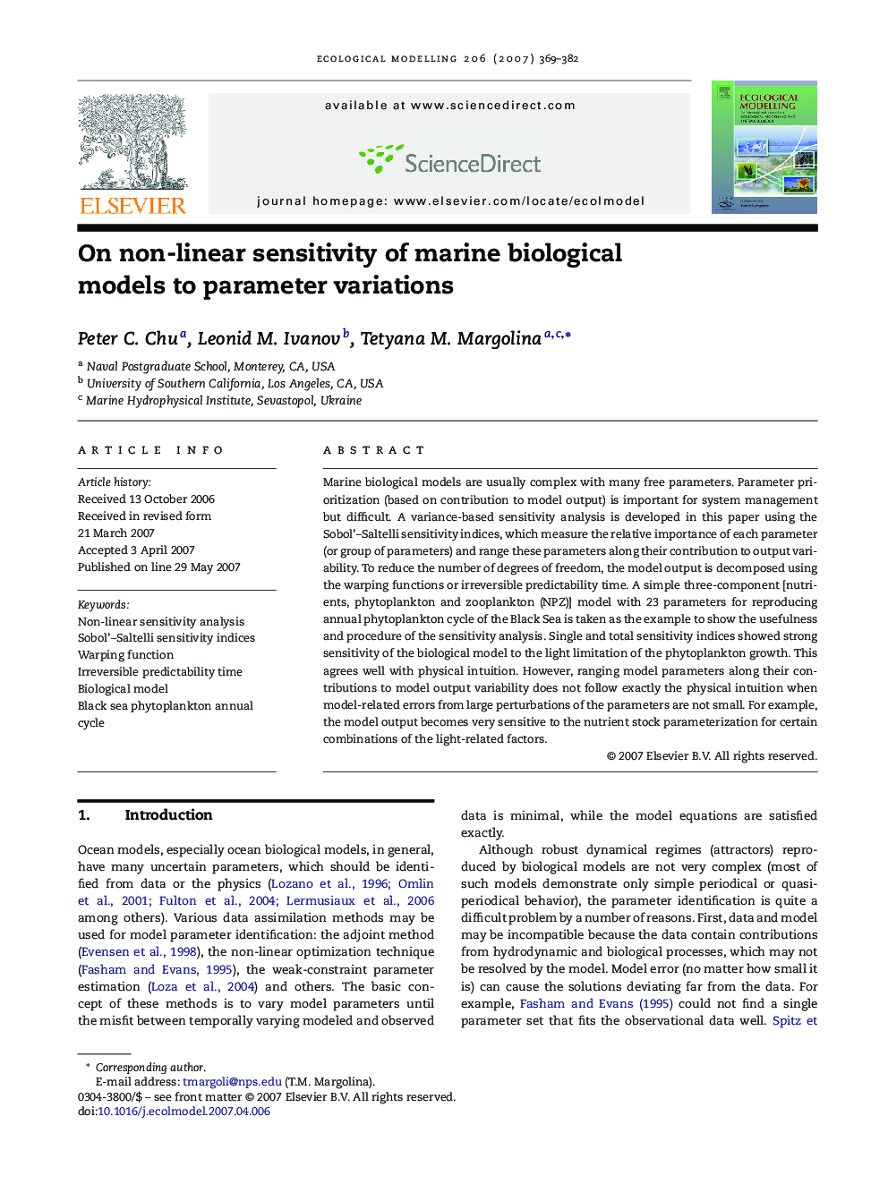 On non-linear sensitivity of marine biological models to parameter variations