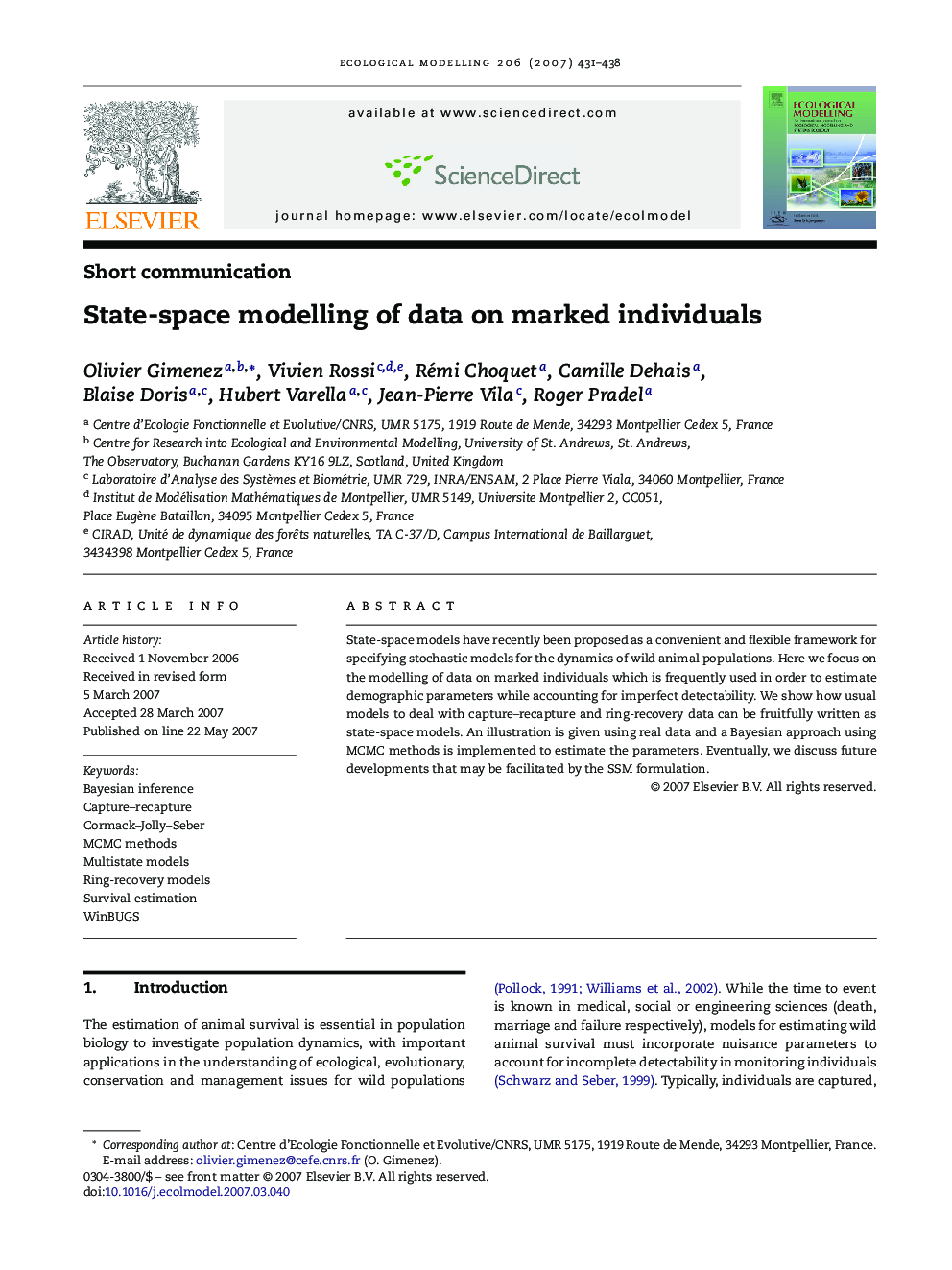 State-space modelling of data on marked individuals