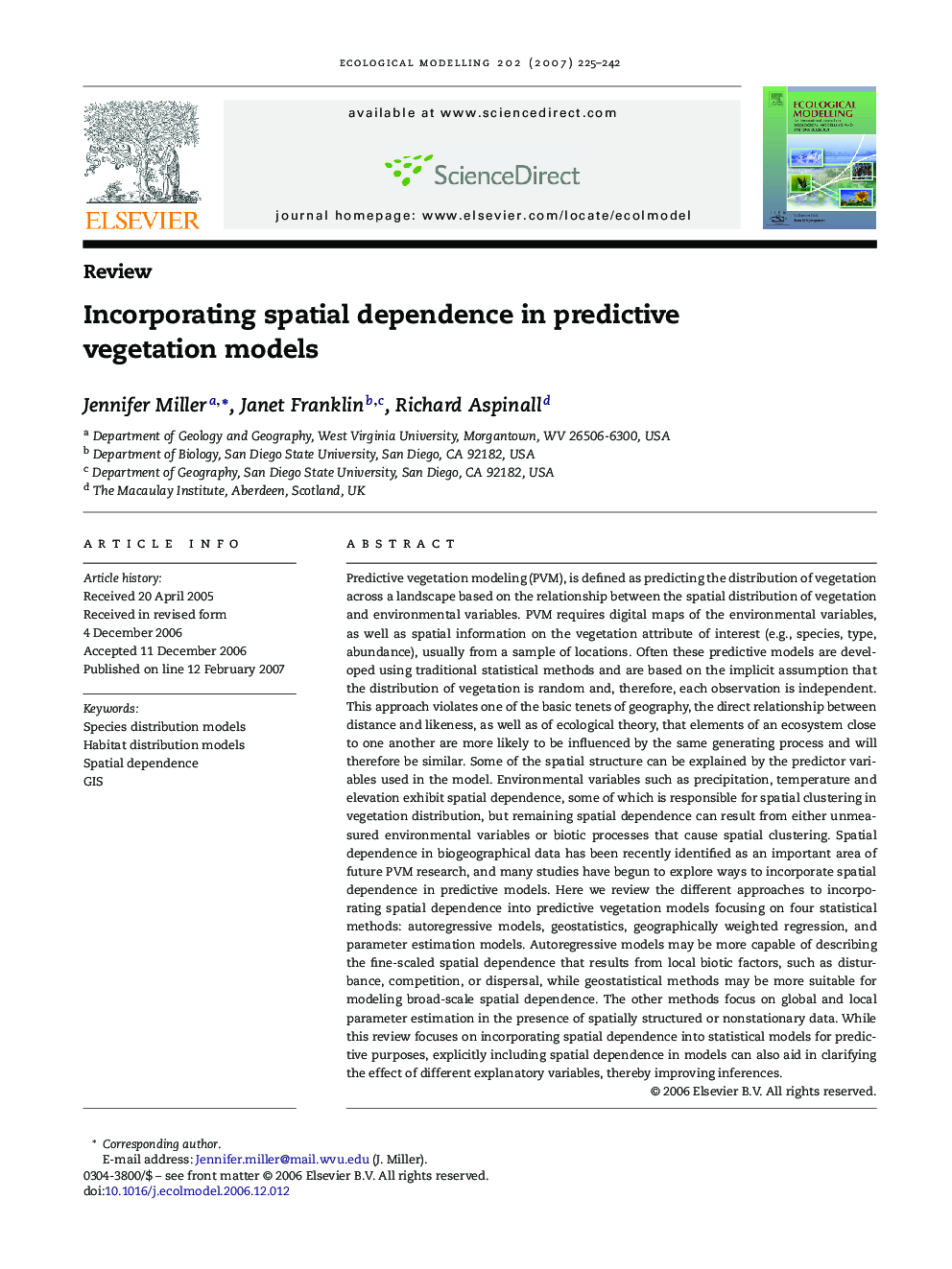 Incorporating spatial dependence in predictive vegetation models