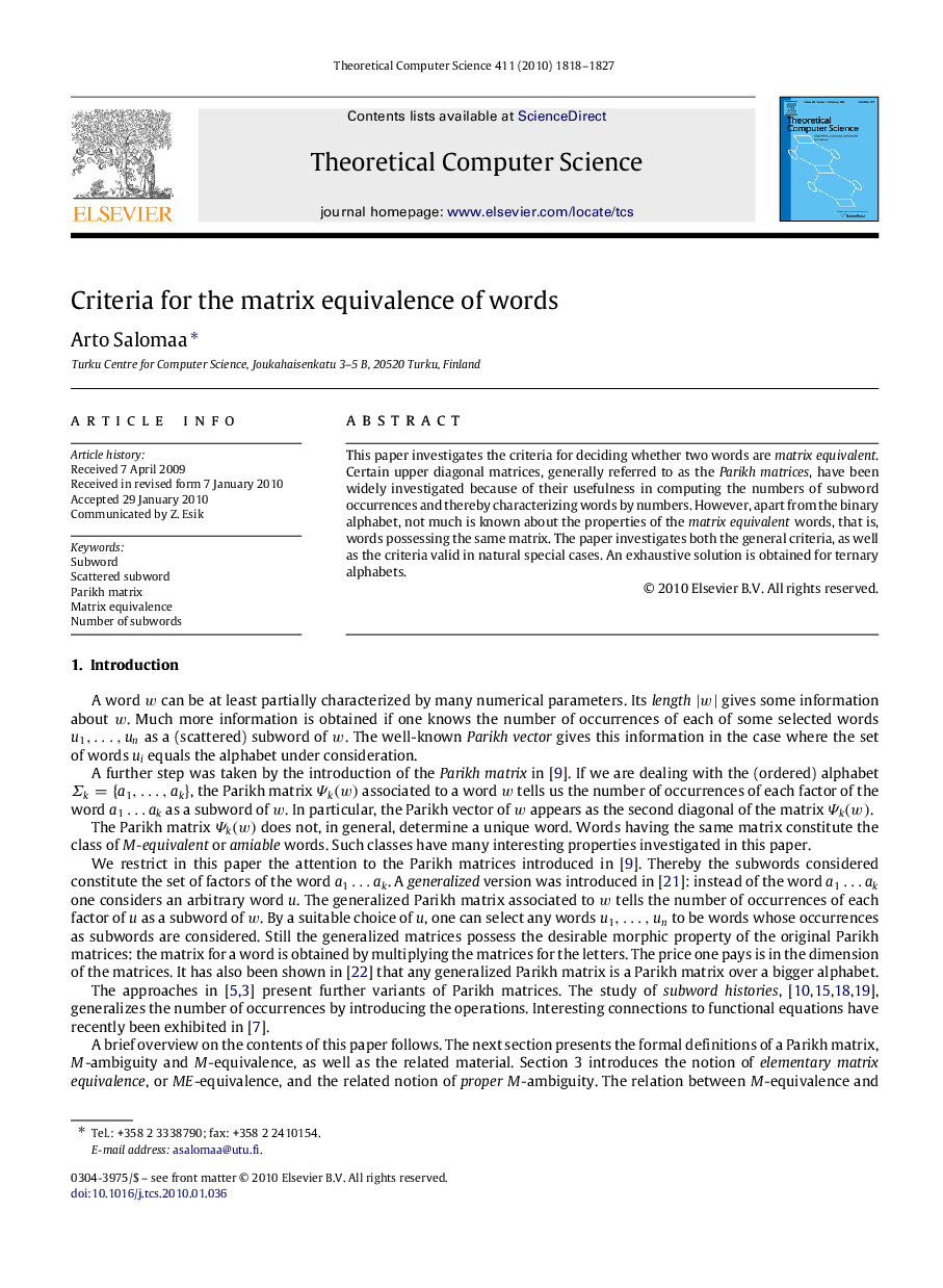 Criteria for the matrix equivalence of words