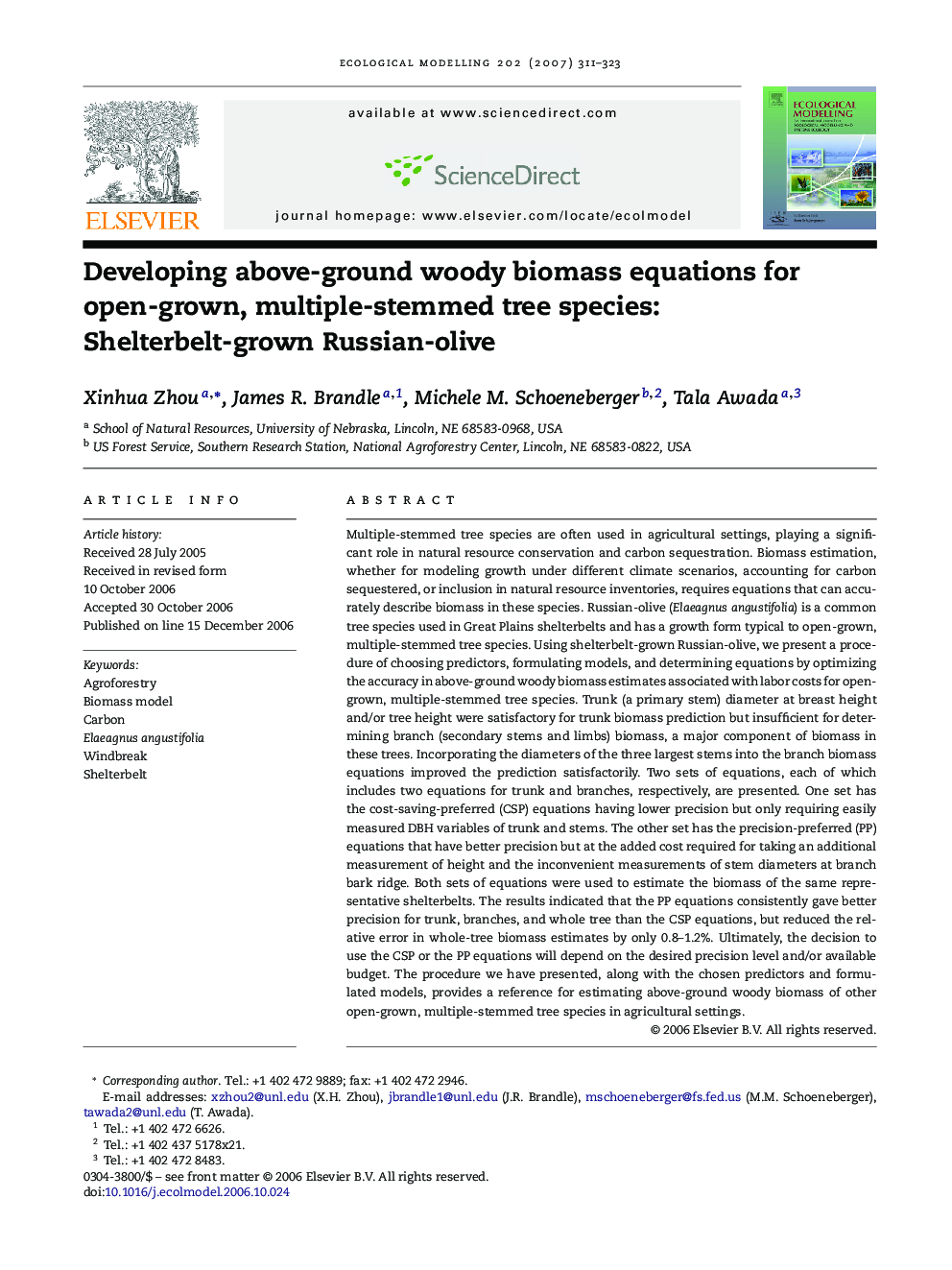 Developing above-ground woody biomass equations for open-grown, multiple-stemmed tree species: Shelterbelt-grown Russian-olive