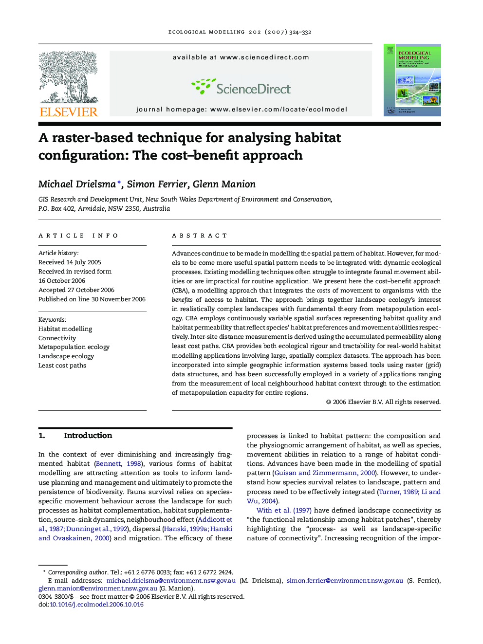 A raster-based technique for analysing habitat configuration: The cost-benefit approach