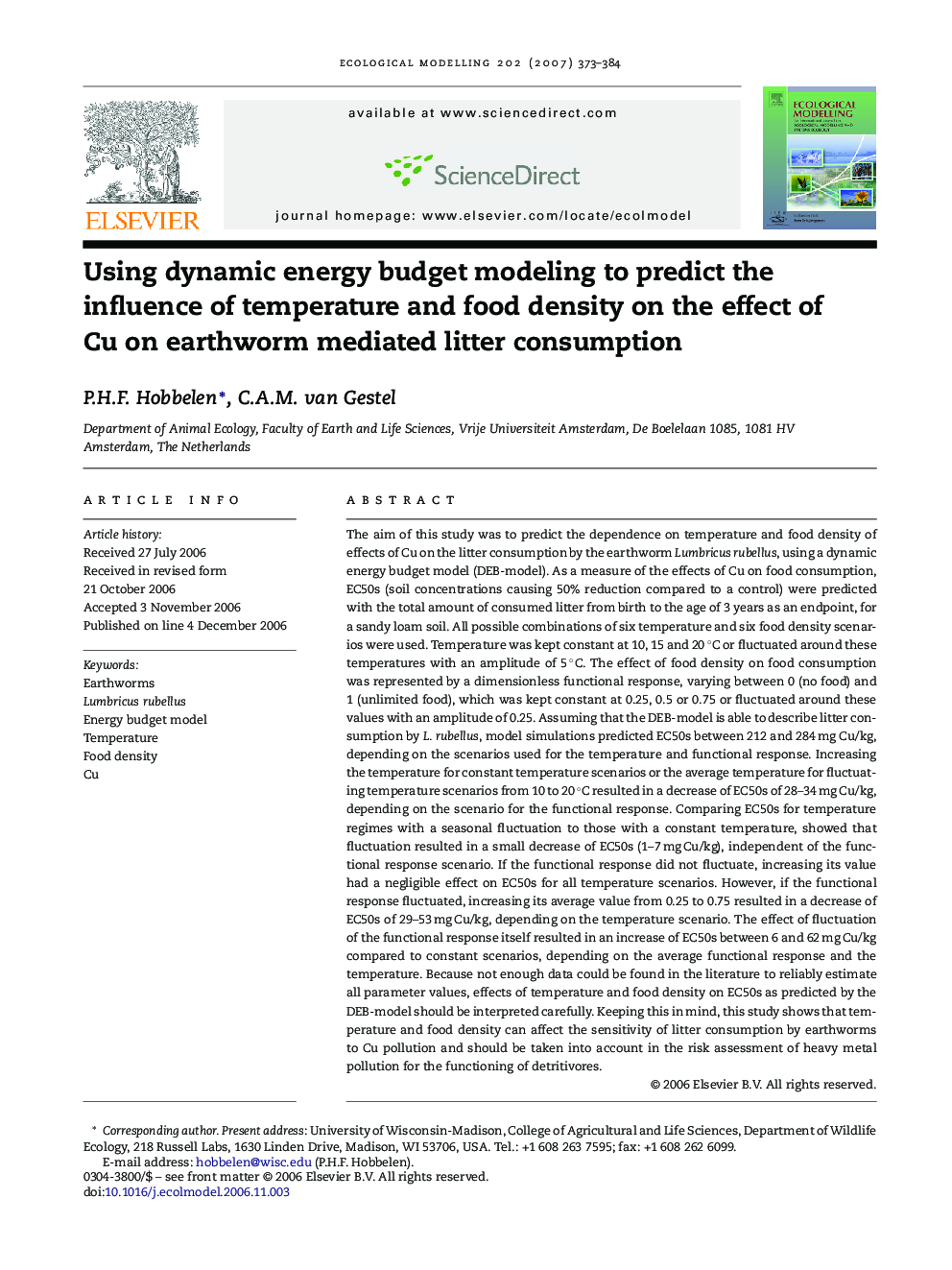Using dynamic energy budget modeling to predict the influence of temperature and food density on the effect of Cu on earthworm mediated litter consumption