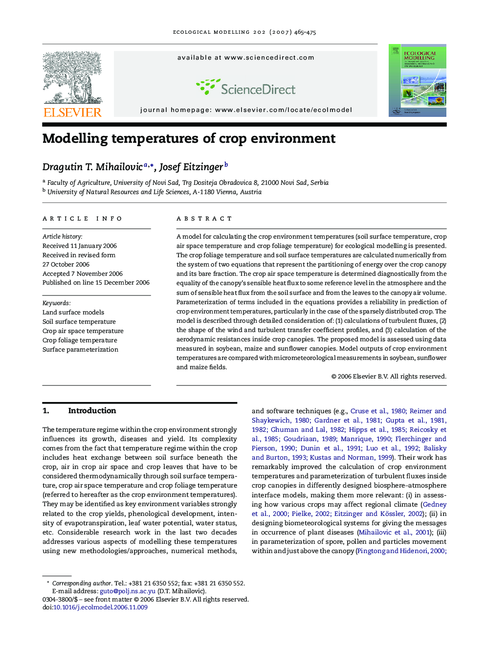 Modelling temperatures of crop environment