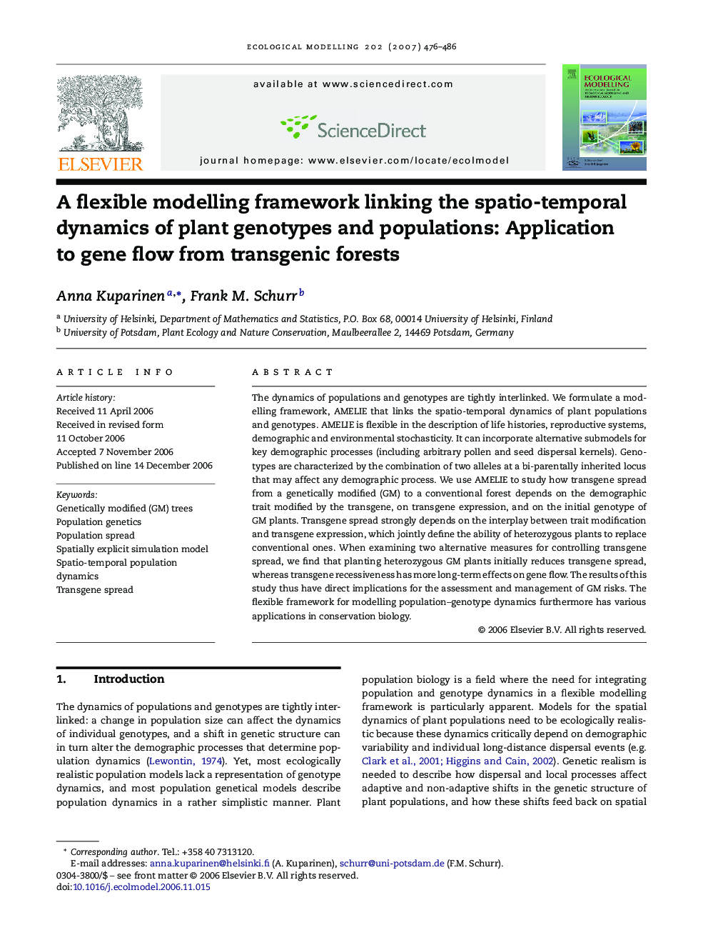 A flexible modelling framework linking the spatio-temporal dynamics of plant genotypes and populations: Application to gene flow from transgenic forests