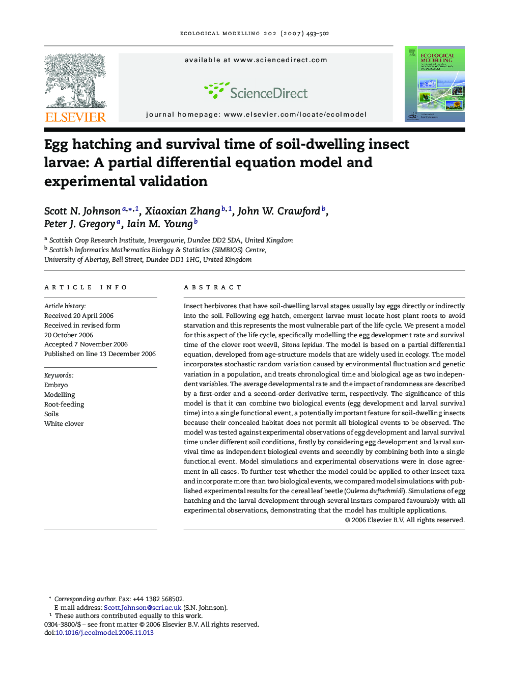 Egg hatching and survival time of soil-dwelling insect larvae: A partial differential equation model and experimental validation