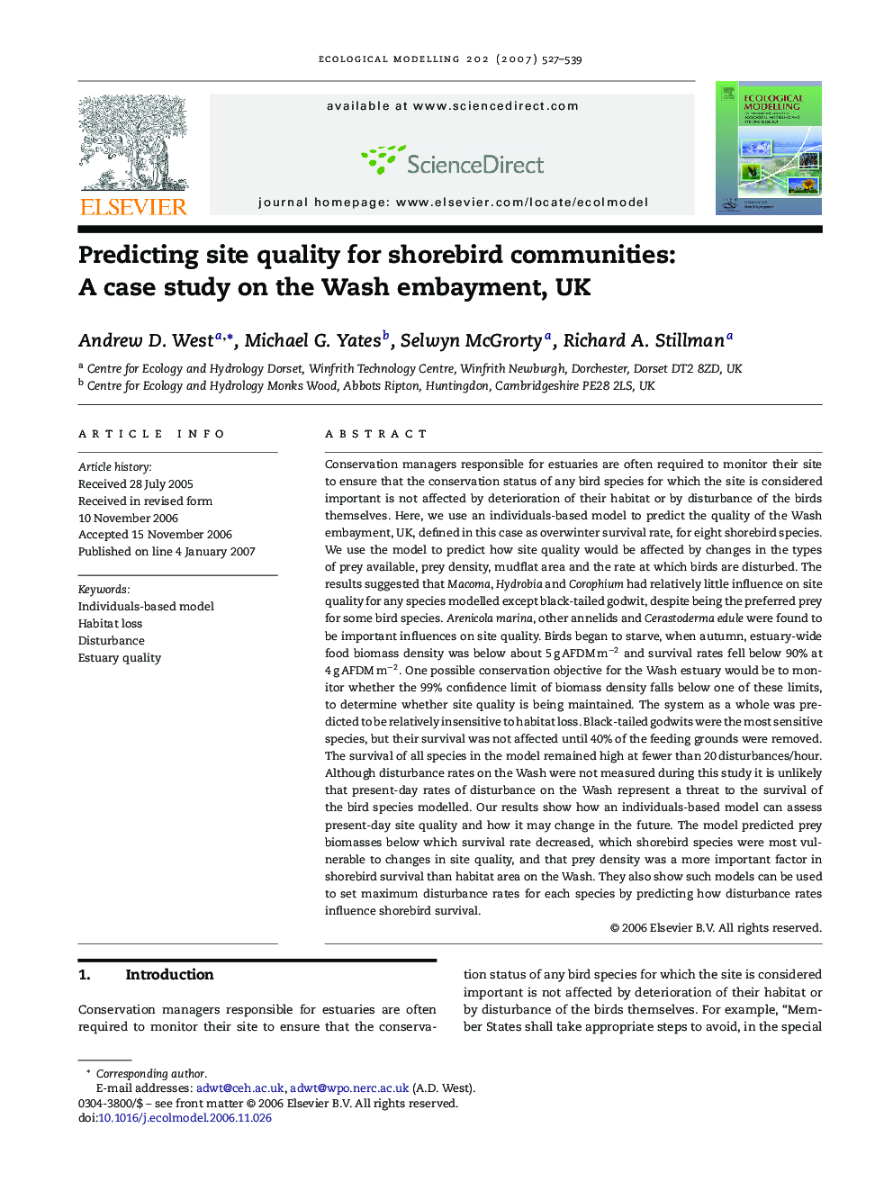 Predicting site quality for shorebird communities: A case study on the Wash embayment, UK