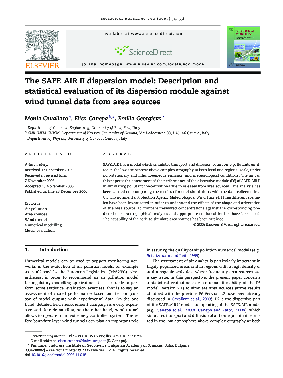 The SAFE_AIR II dispersion model: Description and statistical evaluation of its dispersion module against wind tunnel data from area sources