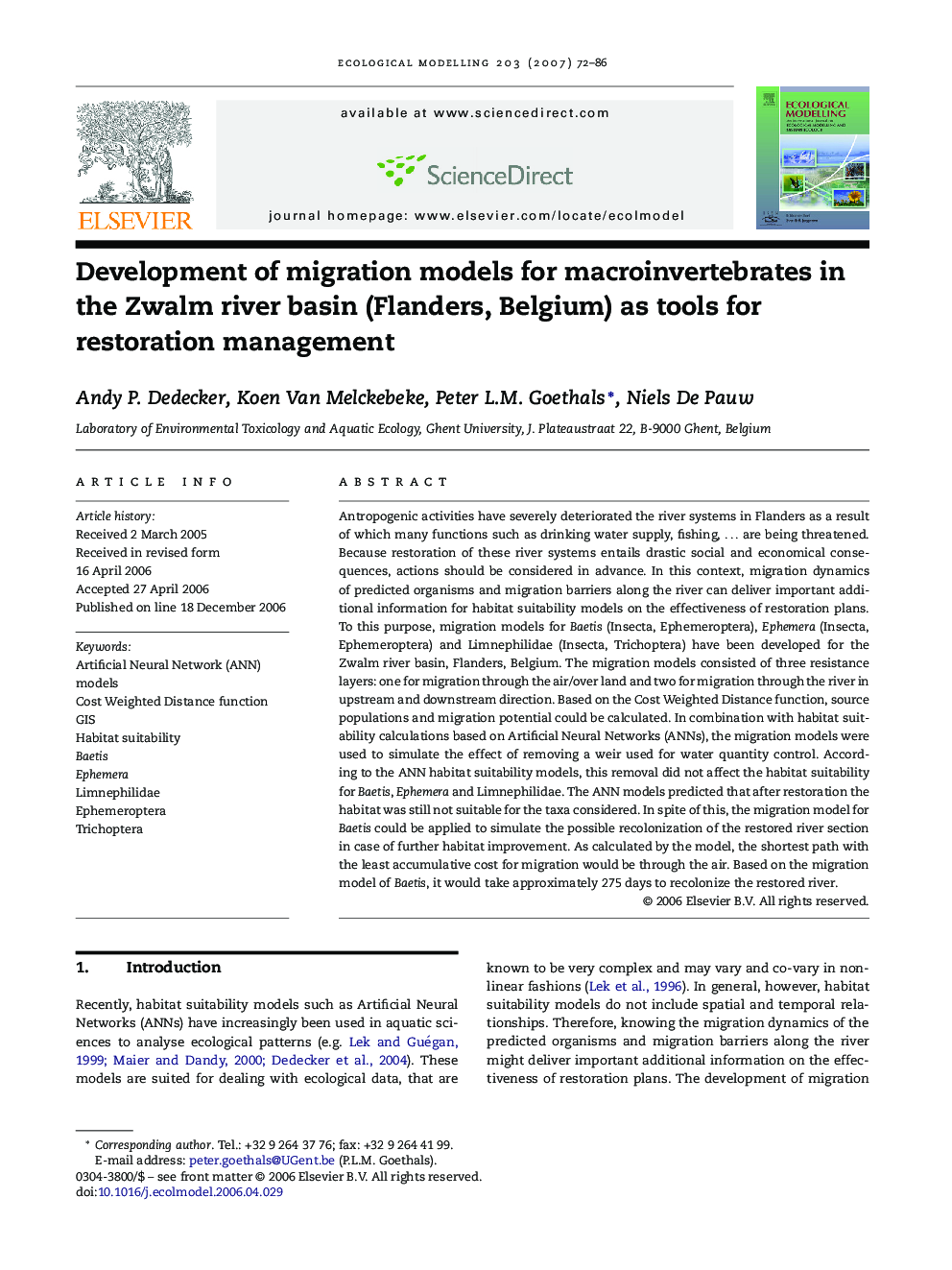 Development of migration models for macroinvertebrates in the Zwalm river basin (Flanders, Belgium) as tools for restoration management