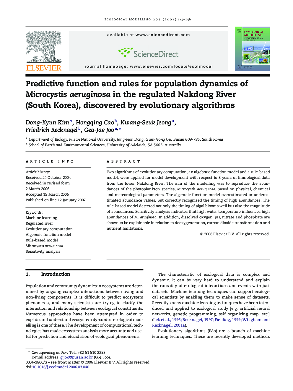 Predictive function and rules for population dynamics of Microcystis aeruginosa in the regulated Nakdong River (South Korea), discovered by evolutionary algorithms