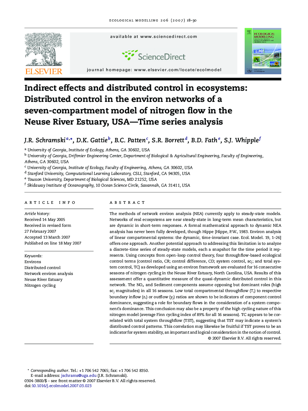 Indirect effects and distributed control in ecosystems: Distributed control in the environ networks of a seven-compartment model of nitrogen flow in the Neuse River Estuary, USA—Time series analysis