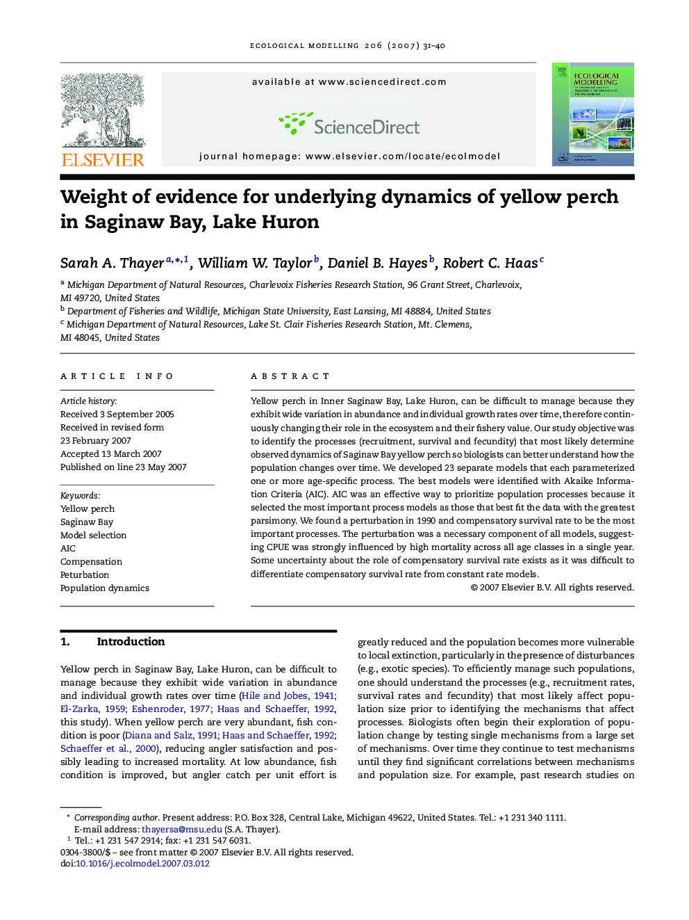 Weight of evidence for underlying dynamics of yellow perch in Saginaw Bay, Lake Huron