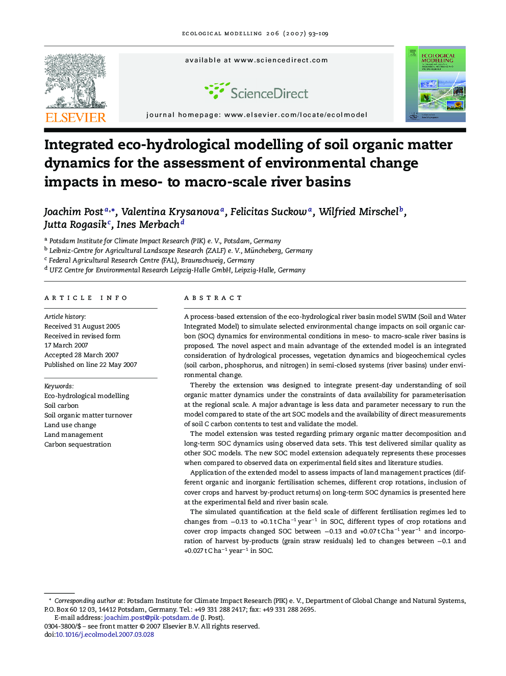 Integrated eco-hydrological modelling of soil organic matter dynamics for the assessment of environmental change impacts in meso- to macro-scale river basins