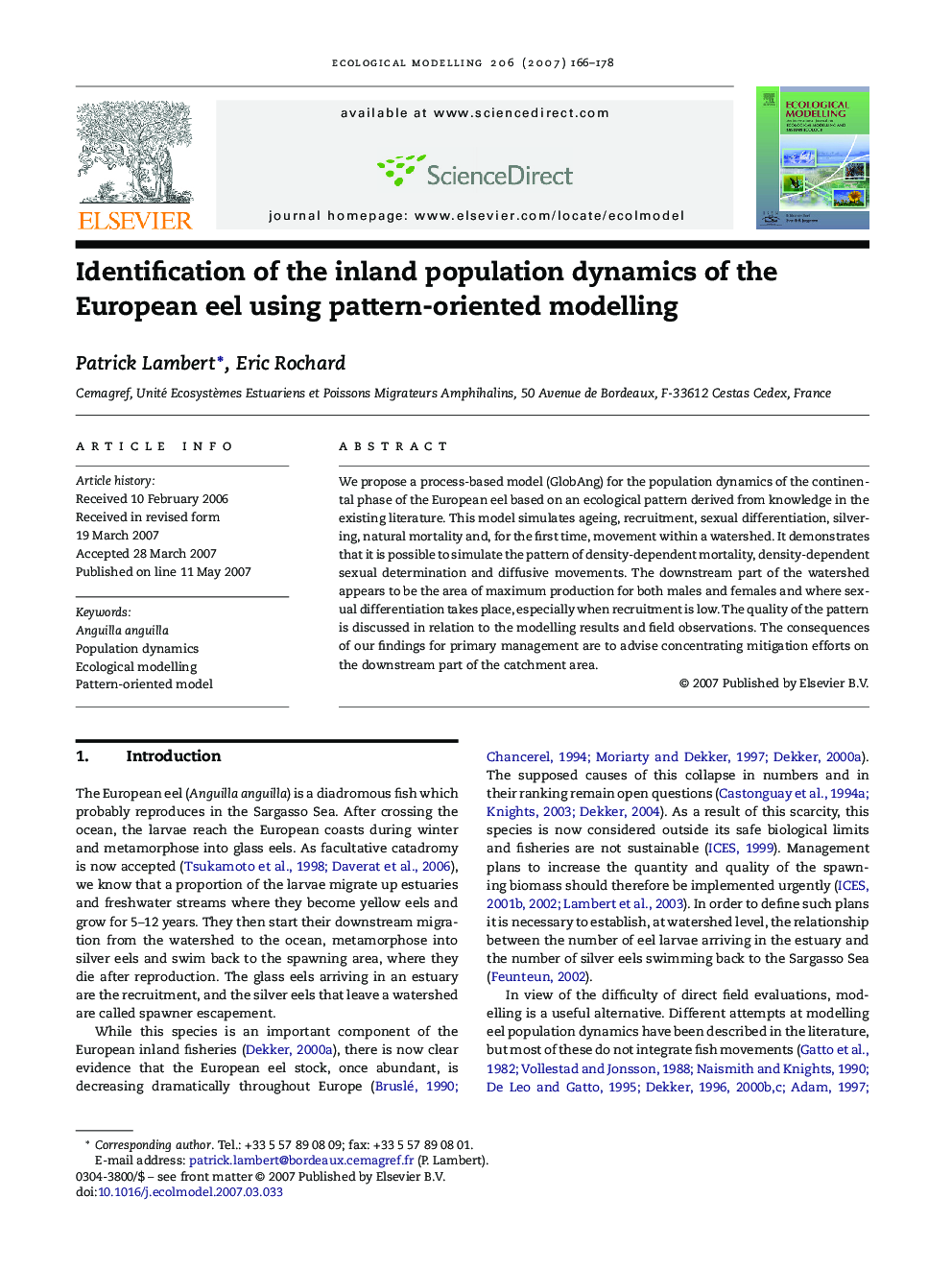 Identification of the inland population dynamics of the European eel using pattern-oriented modelling