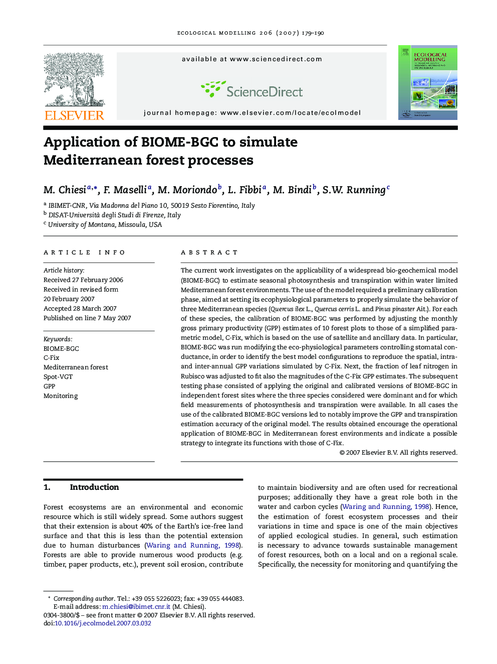 Application of BIOME-BGC to simulate Mediterranean forest processes