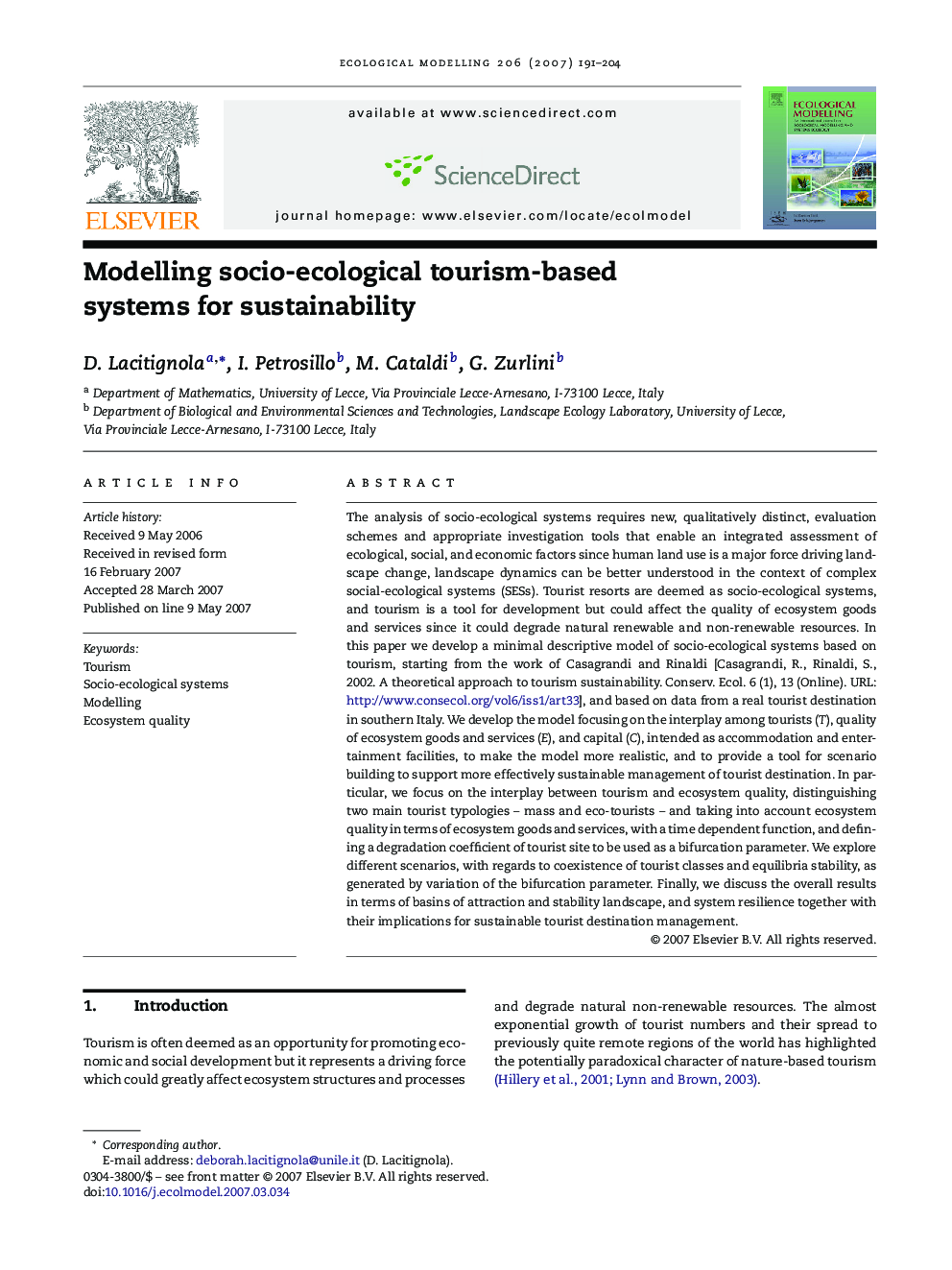 Modelling socio-ecological tourism-based systems for sustainability