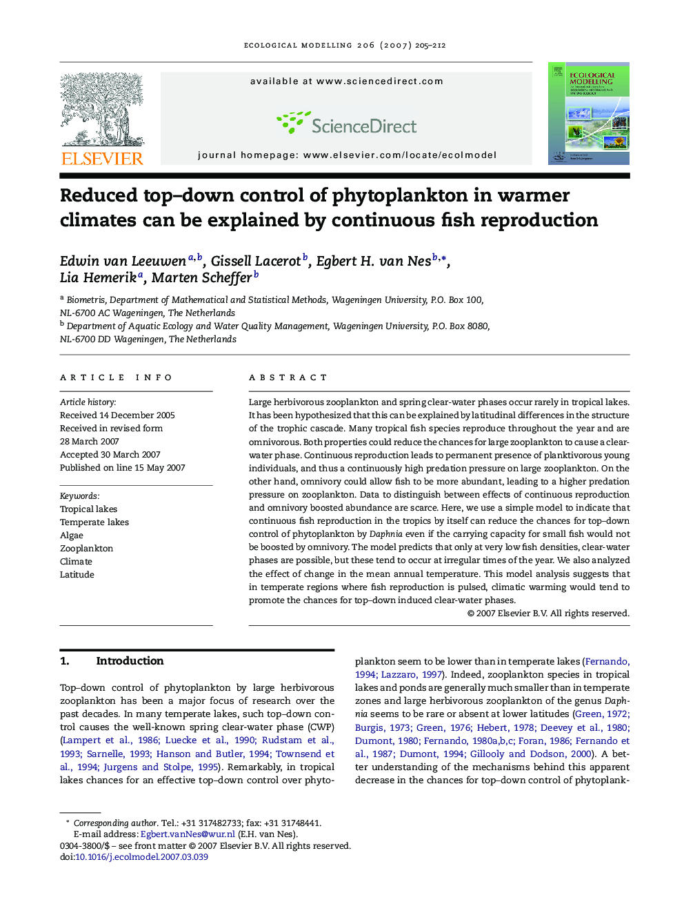 Reduced top–down control of phytoplankton in warmer climates can be explained by continuous fish reproduction