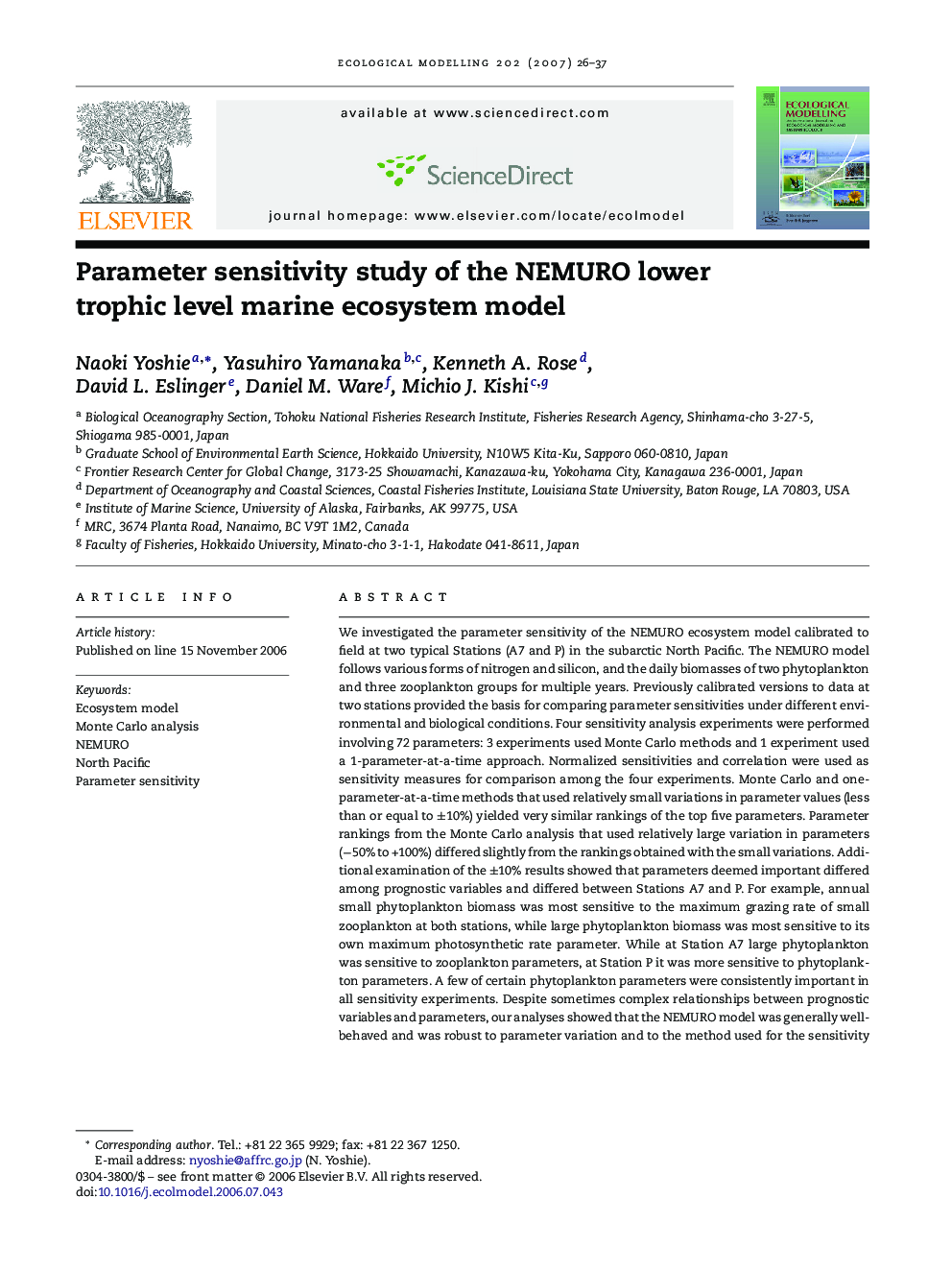 Parameter sensitivity study of the NEMURO lower trophic level marine ecosystem model