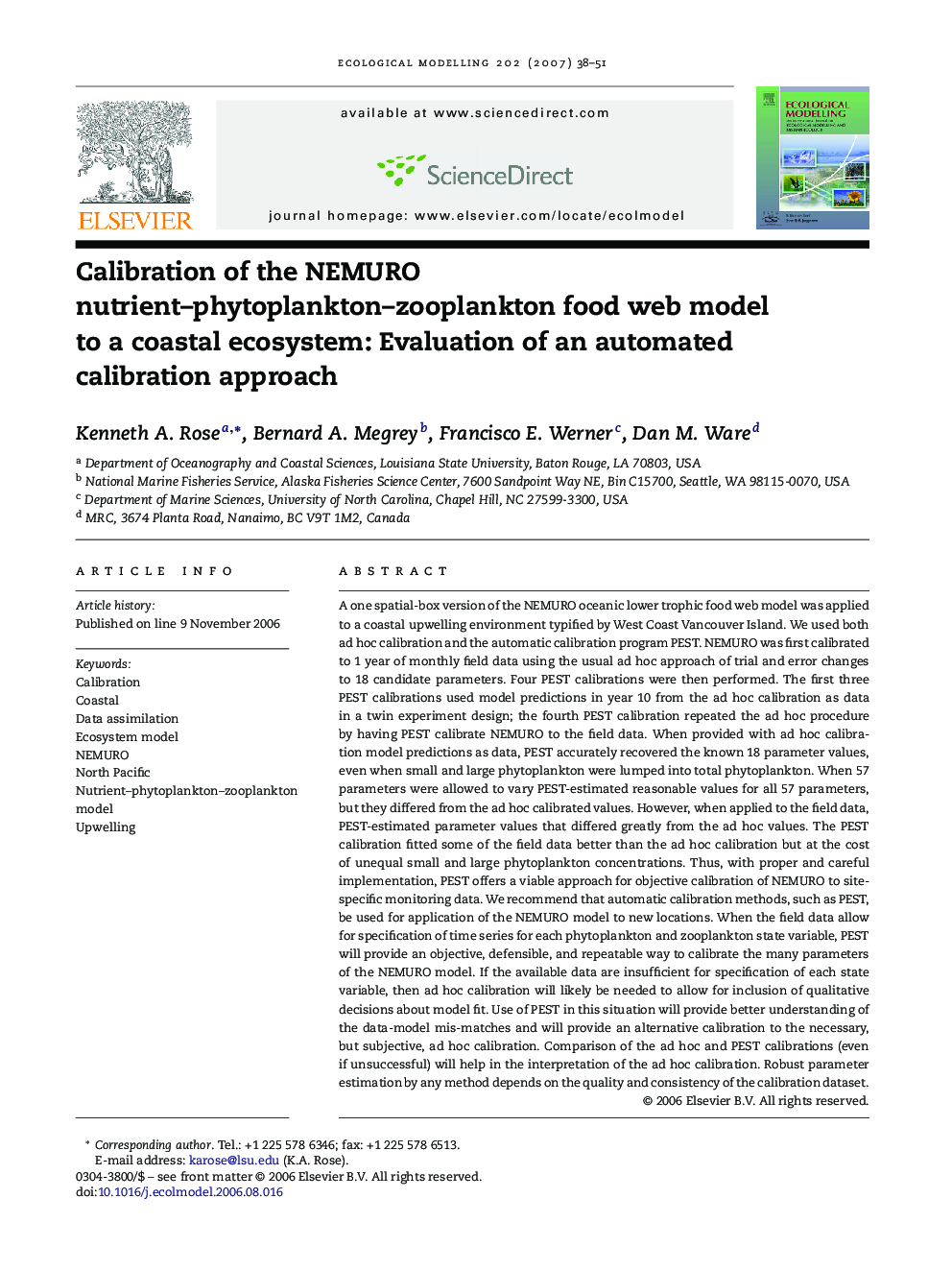 Calibration of the NEMURO nutrient–phytoplankton–zooplankton food web model to a coastal ecosystem: Evaluation of an automated calibration approach