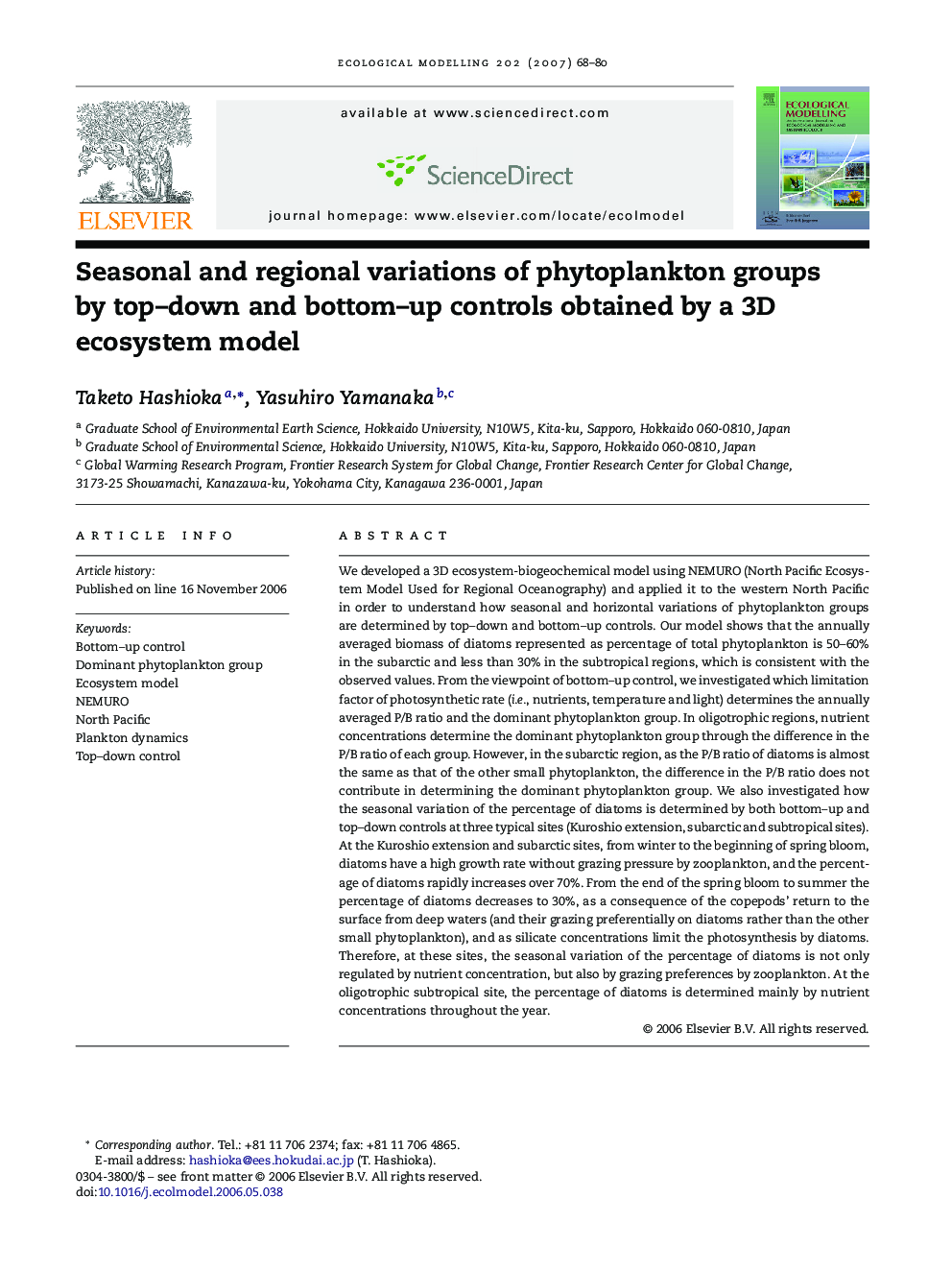 Seasonal and regional variations of phytoplankton groups by top–down and bottom–up controls obtained by a 3D ecosystem model