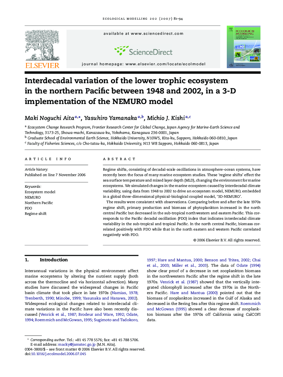 Interdecadal variation of the lower trophic ecosystem in the northern Pacific between 1948 and 2002, in a 3-D implementation of the NEMURO model