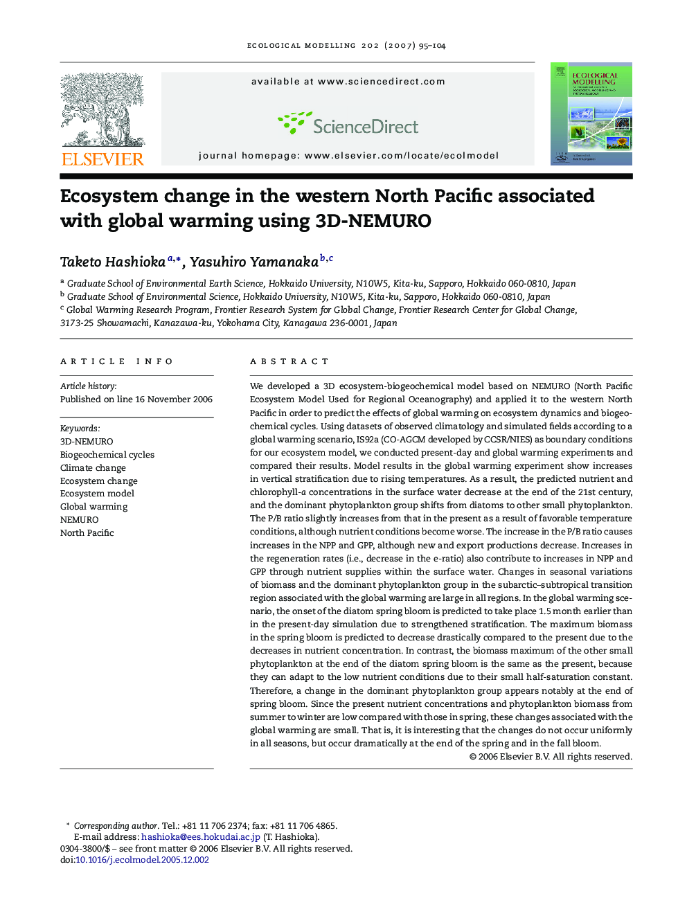 Ecosystem change in the western North Pacific associated with global warming using 3D-NEMURO